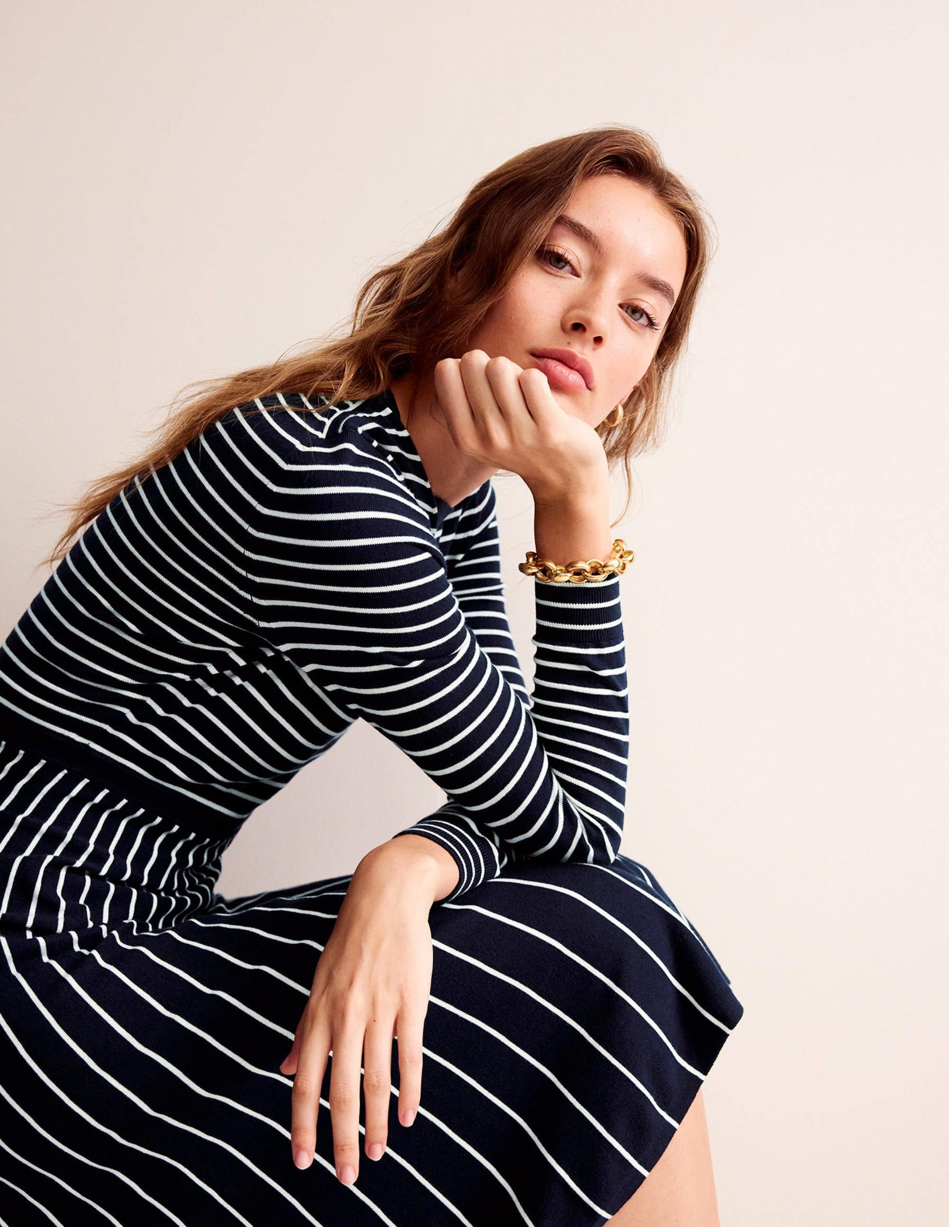 Maria Knitted Midi Dress-Navy and Ivory-4