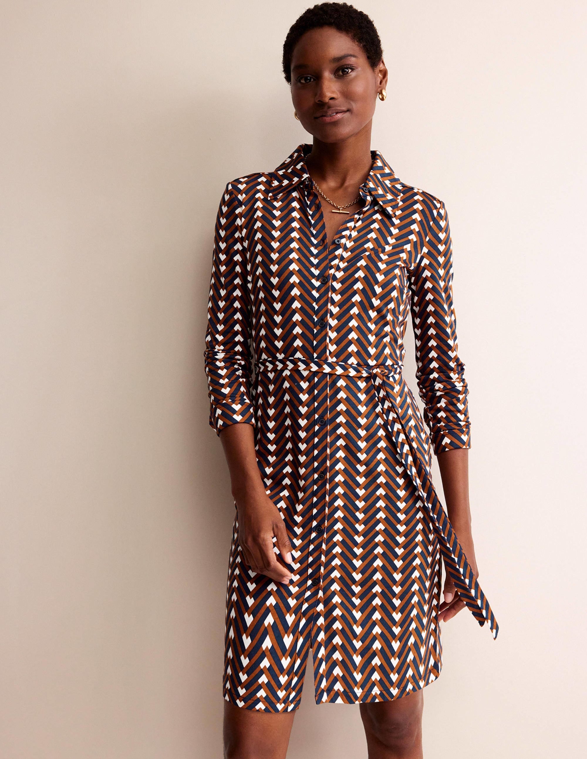 Jessie Jersey Shirt Dress-Pumpkin, Chevron Geo - Image 1