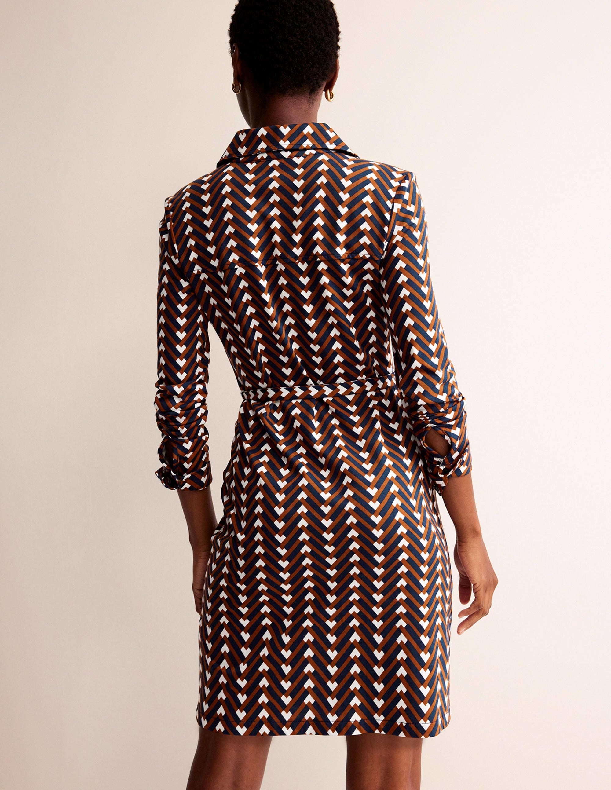 Jessie Jersey Shirt Dress-Pumpkin, Chevron Geo - Image 3