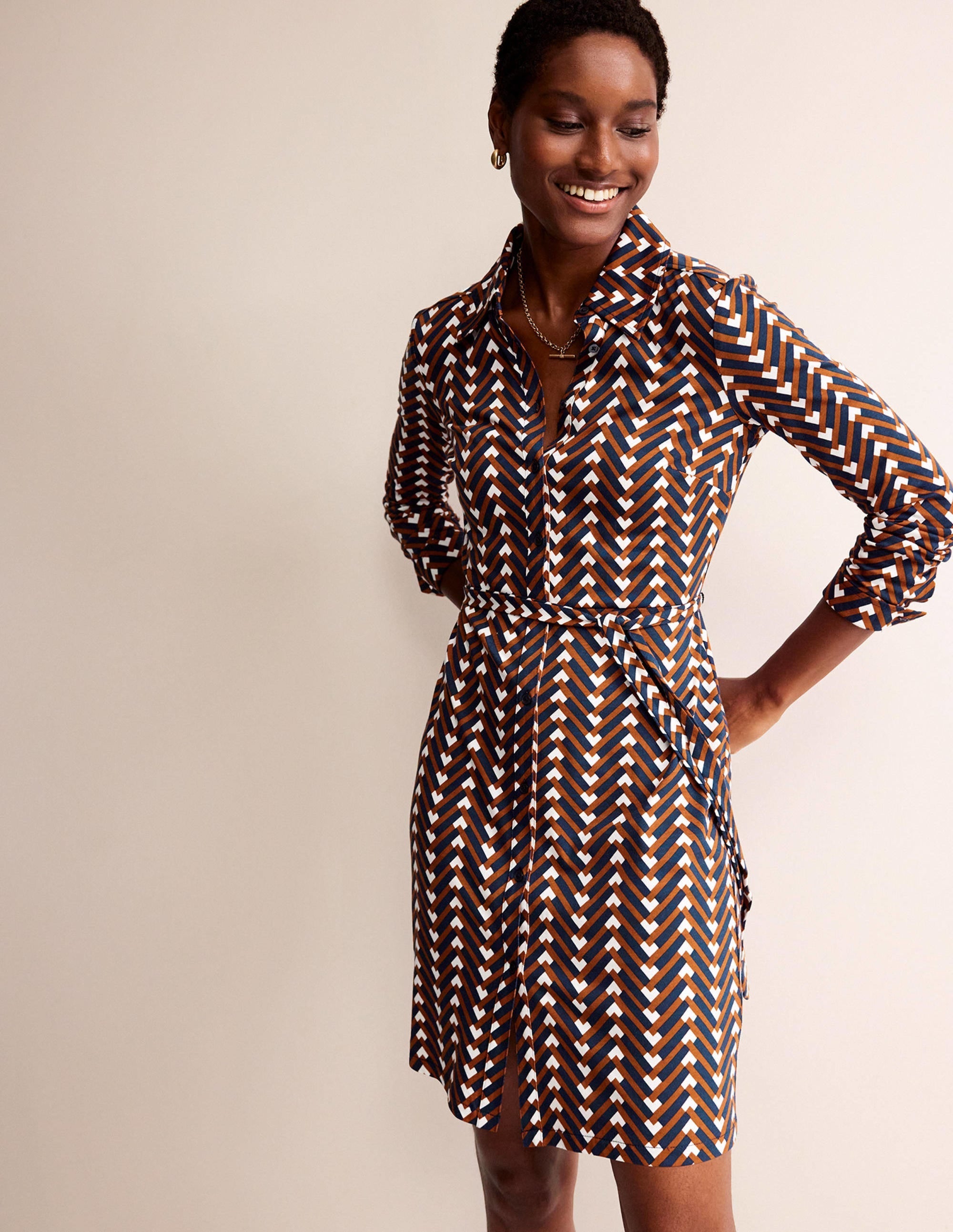 Jessie Jersey Shirt Dress-Pumpkin, Chevron Geo - Image 4