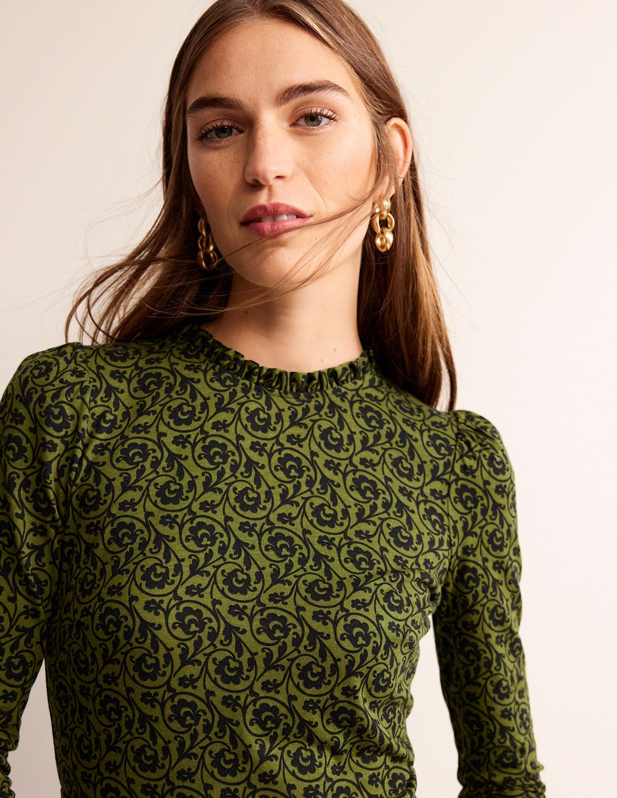 Frill-Detail Mini Dress-Olive Green, Primrose Swirl - Image 2