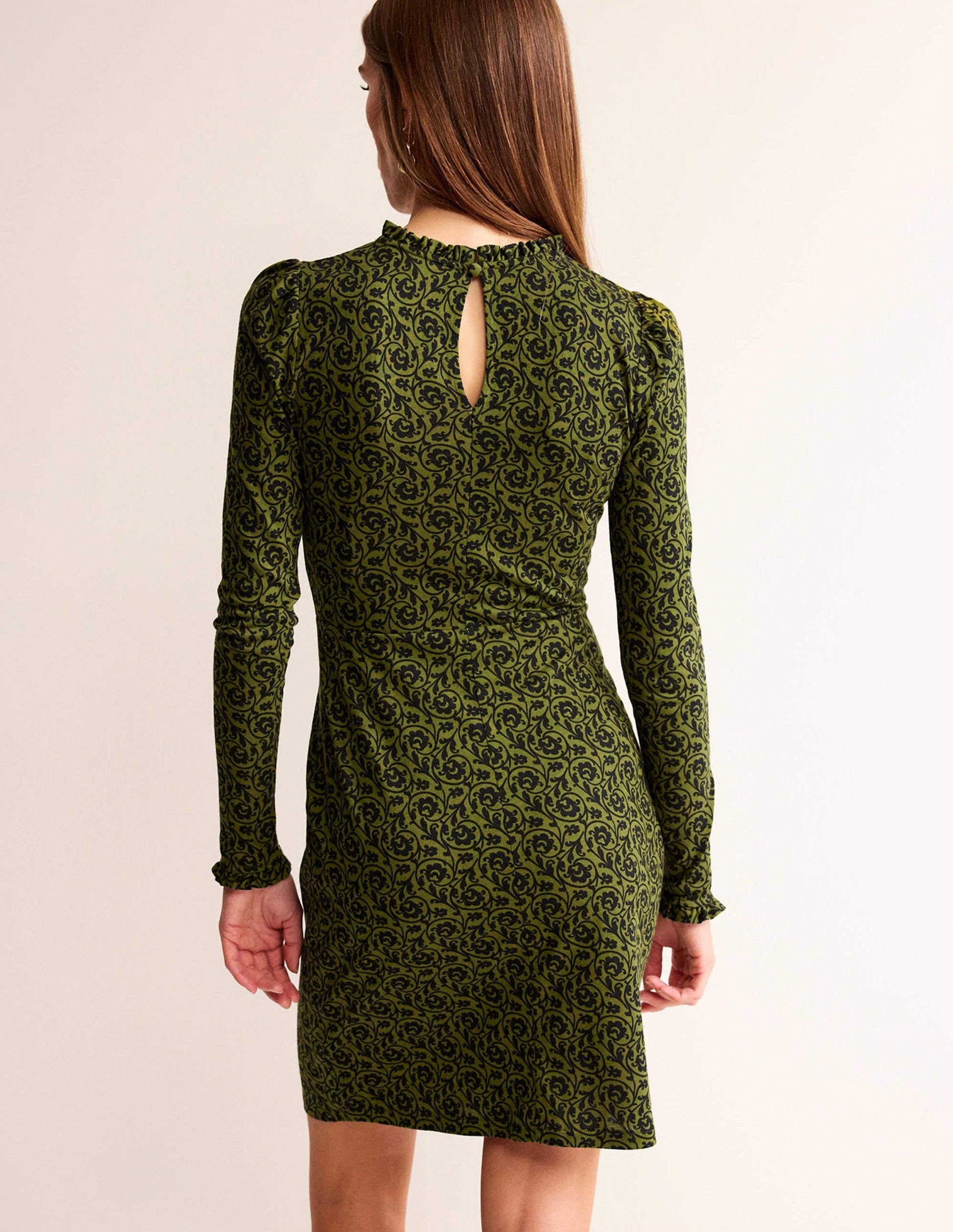 Frill-Detail Mini Dress-Olive Green, Primrose Swirl-3