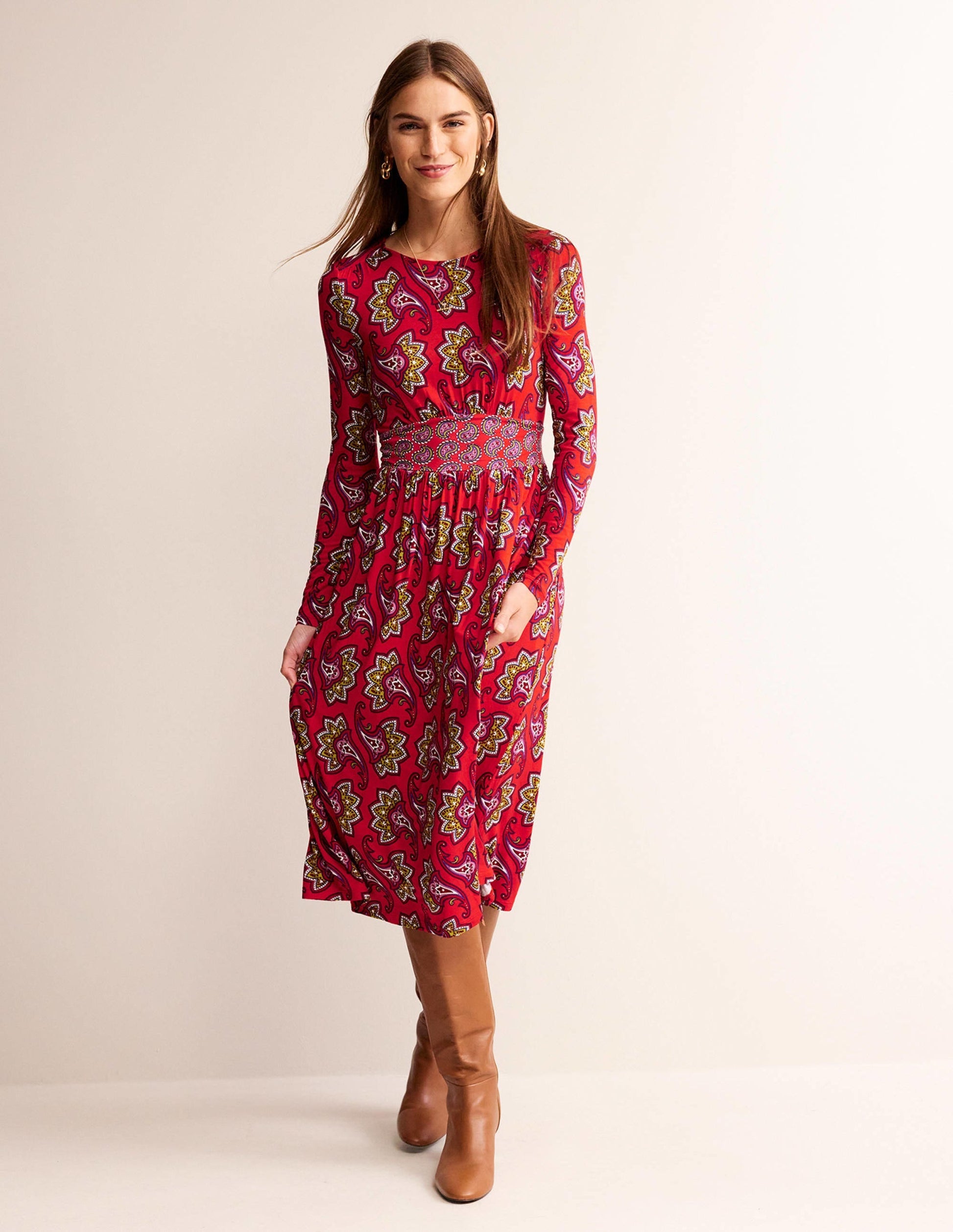 Thea Long Sleeve Midi Dress-Red, Paisley Amaryllis-1