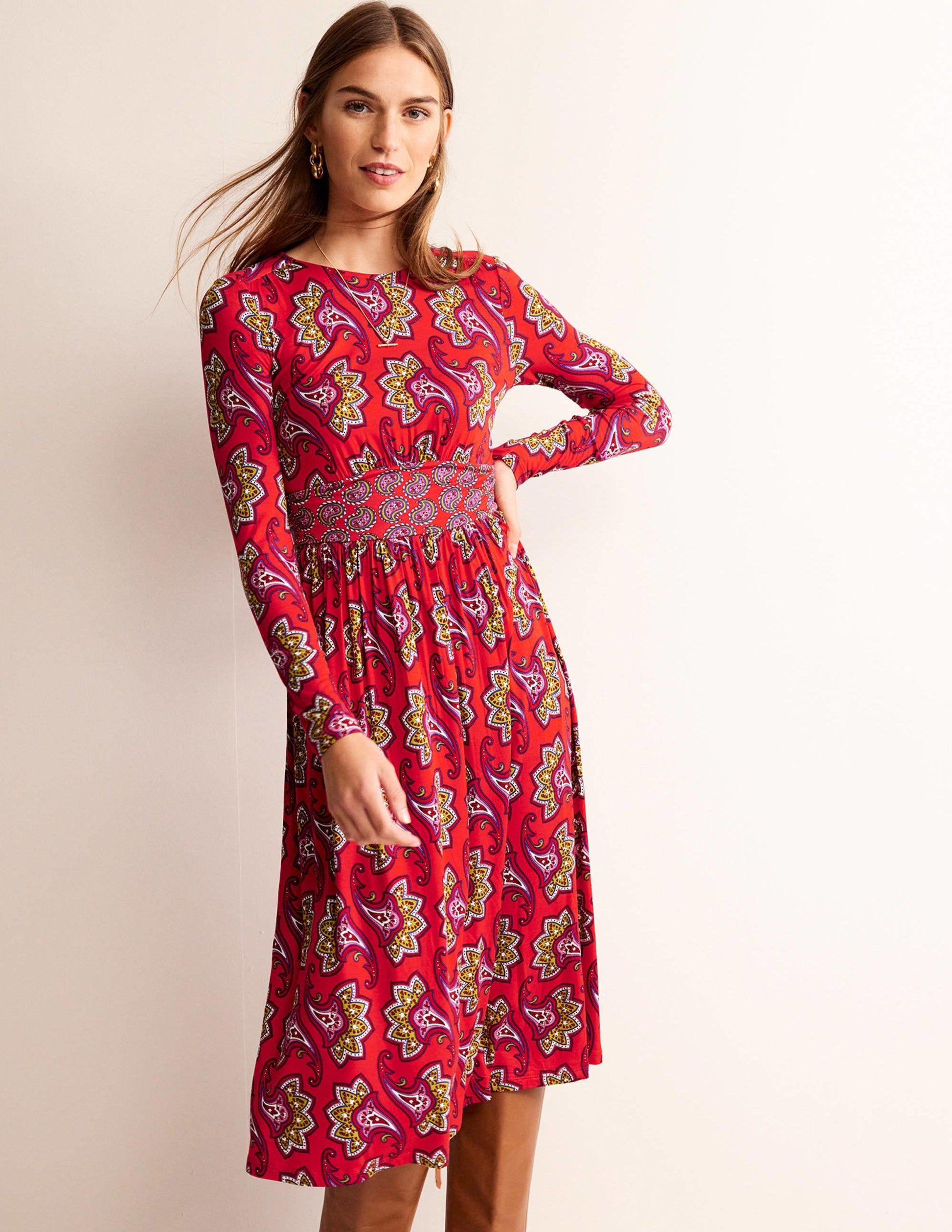 Thea Long Sleeve Midi Dress-Red, Paisley Amaryllis-4