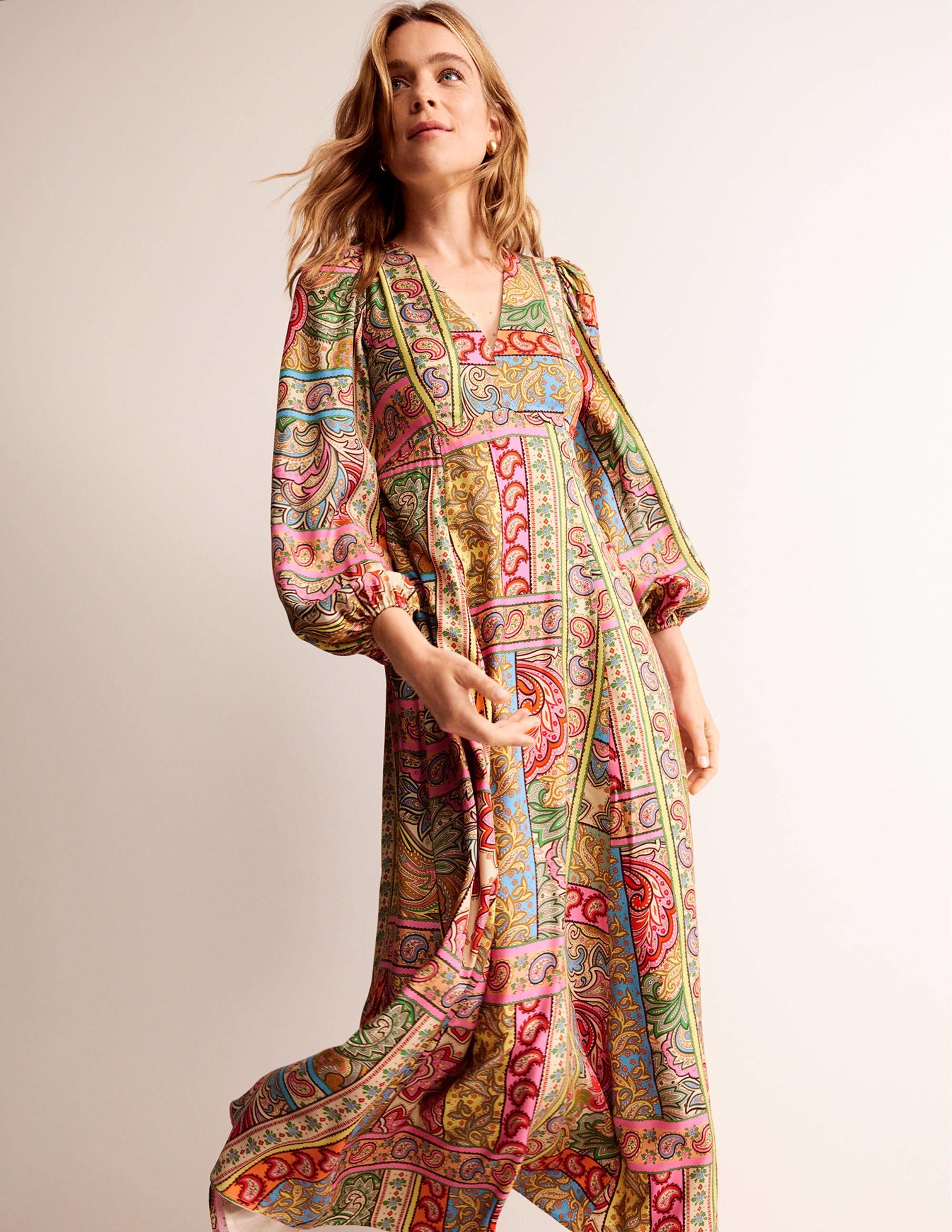 Blouson Sleeve Maxi Tea Dress-Multi, Patchwork - Image 1