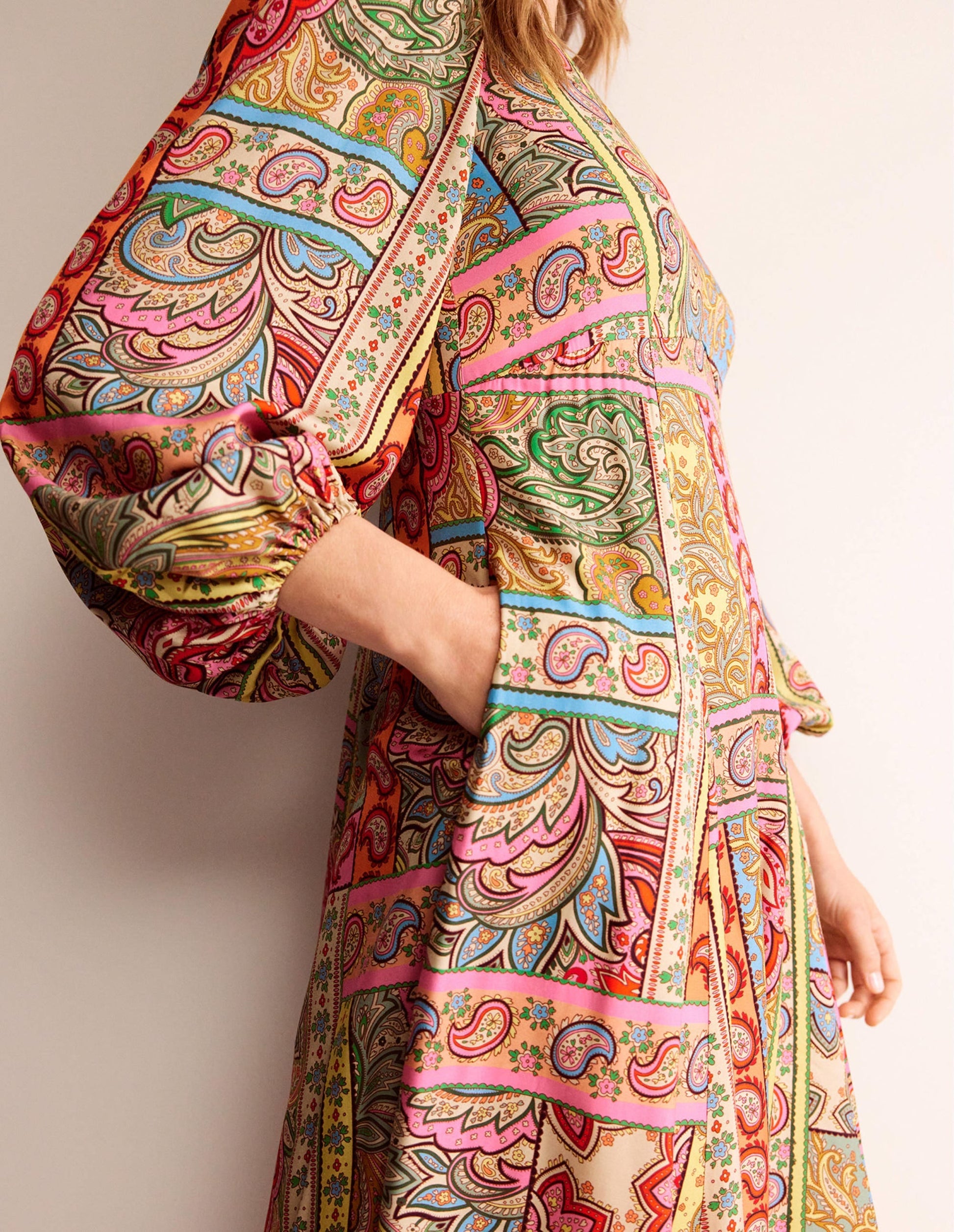 Blouson Sleeve Maxi Tea Dress-Multi, Patchwork-2