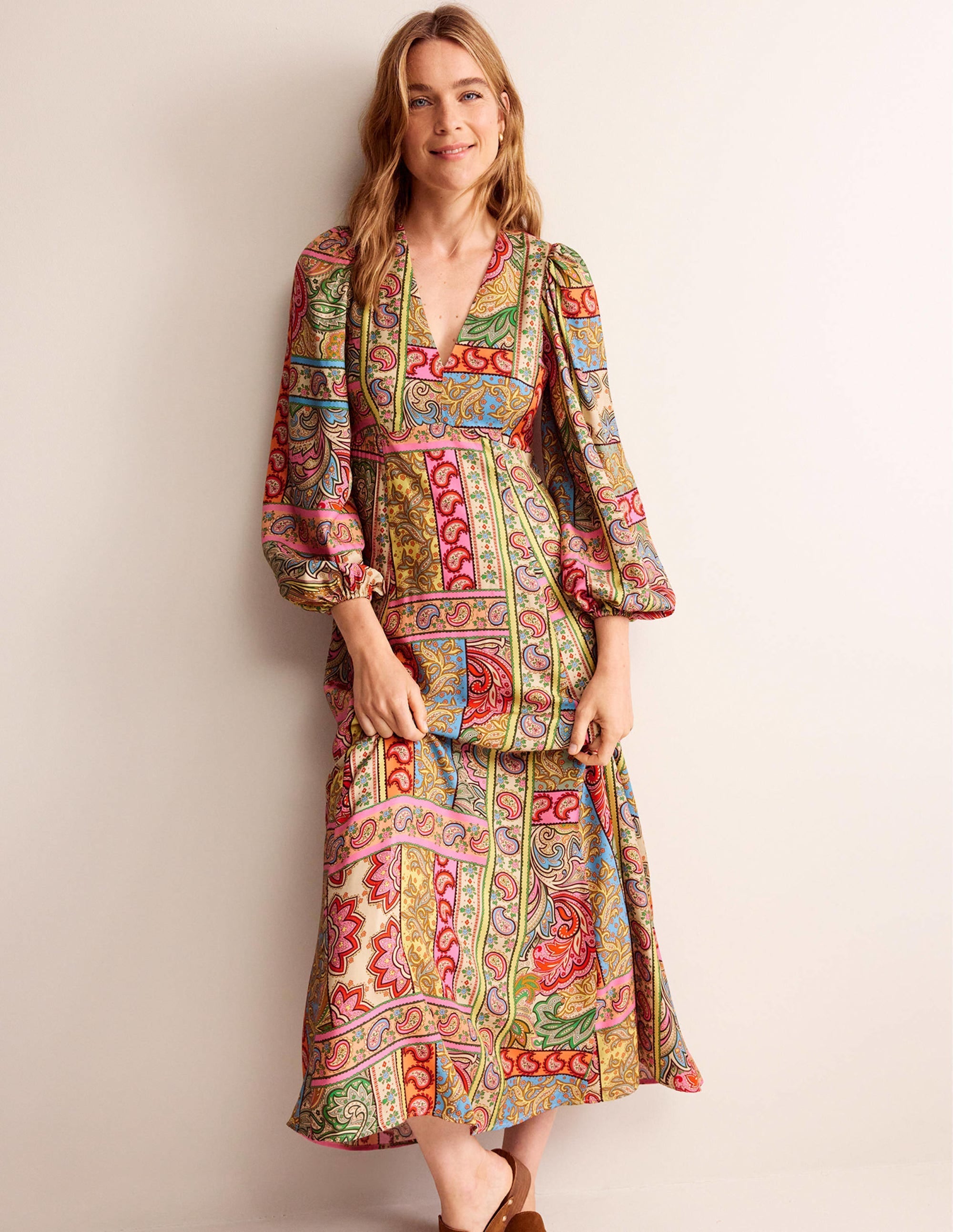 Blouson Sleeve Maxi Tea Dress-Multi, Patchwork - Image 4