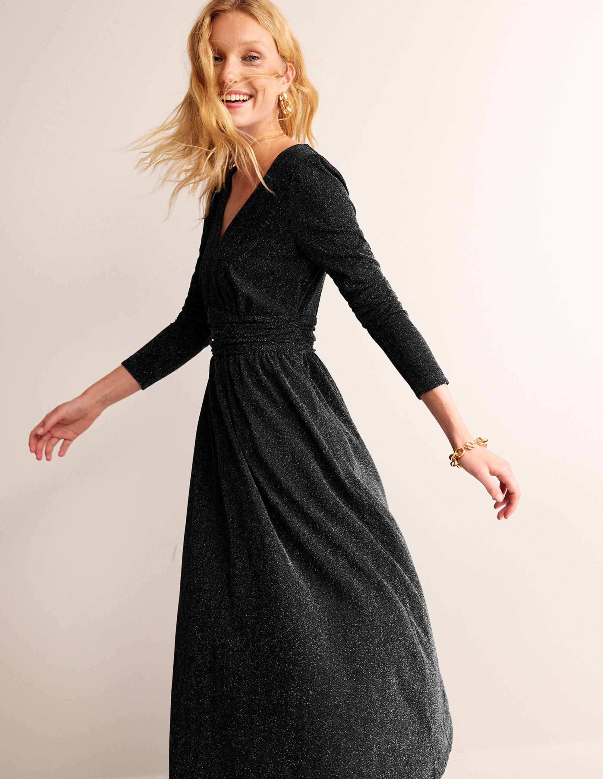 Ruched Sparkle Midi Dress-Black - Image 1