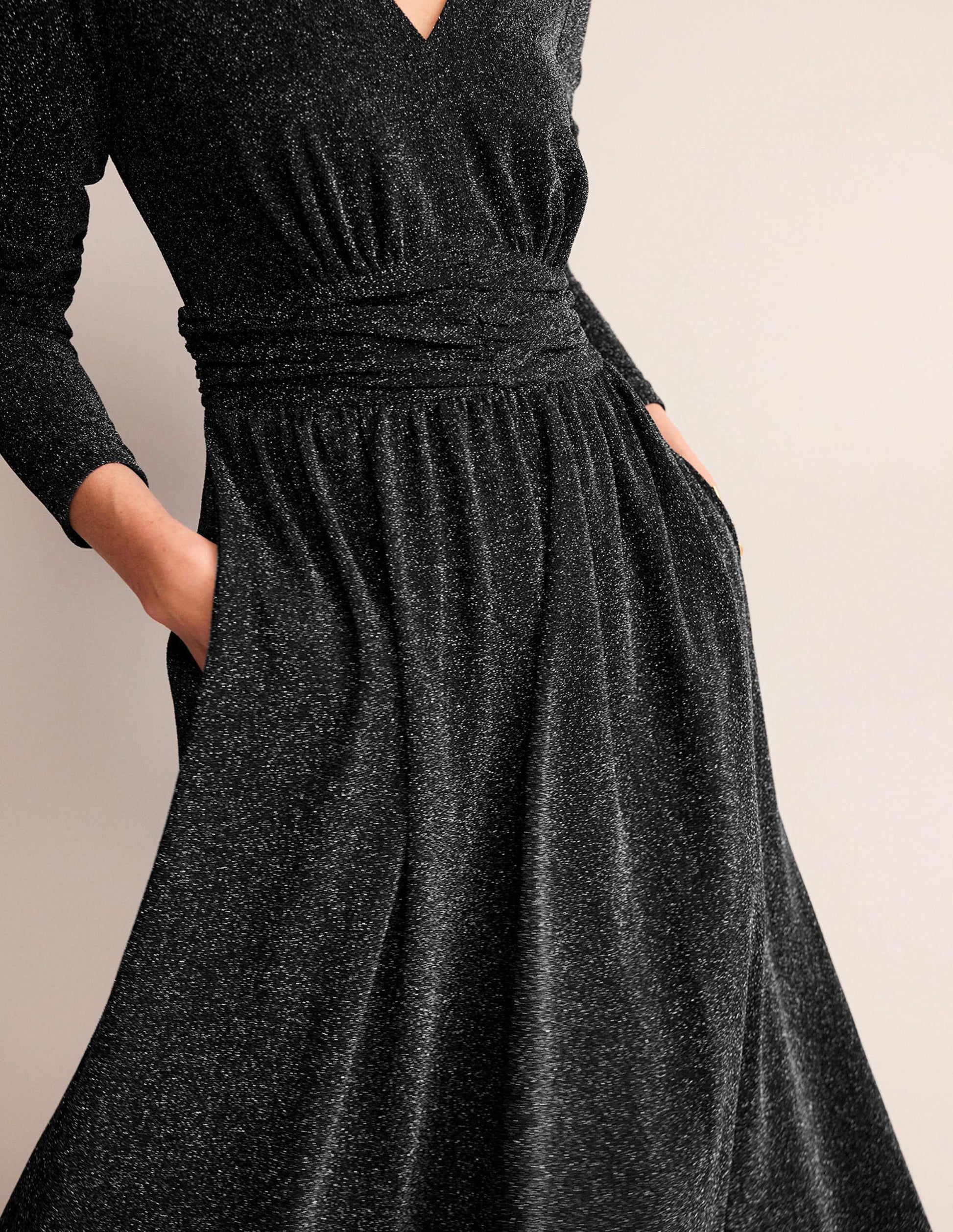 Ruched Sparkle Midi Dress-Black-2