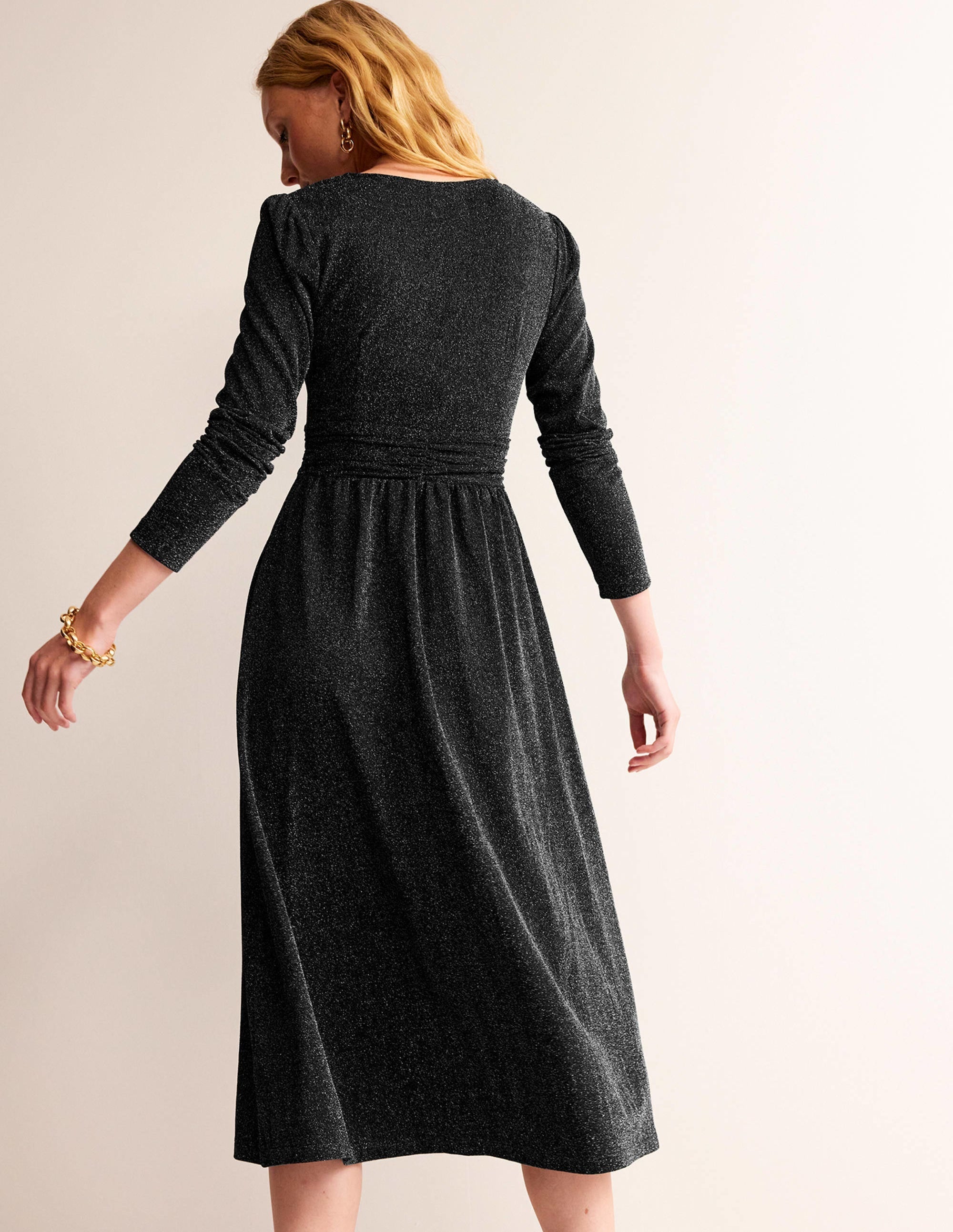 Ruched Sparkle Midi Dress-Black - Image 3