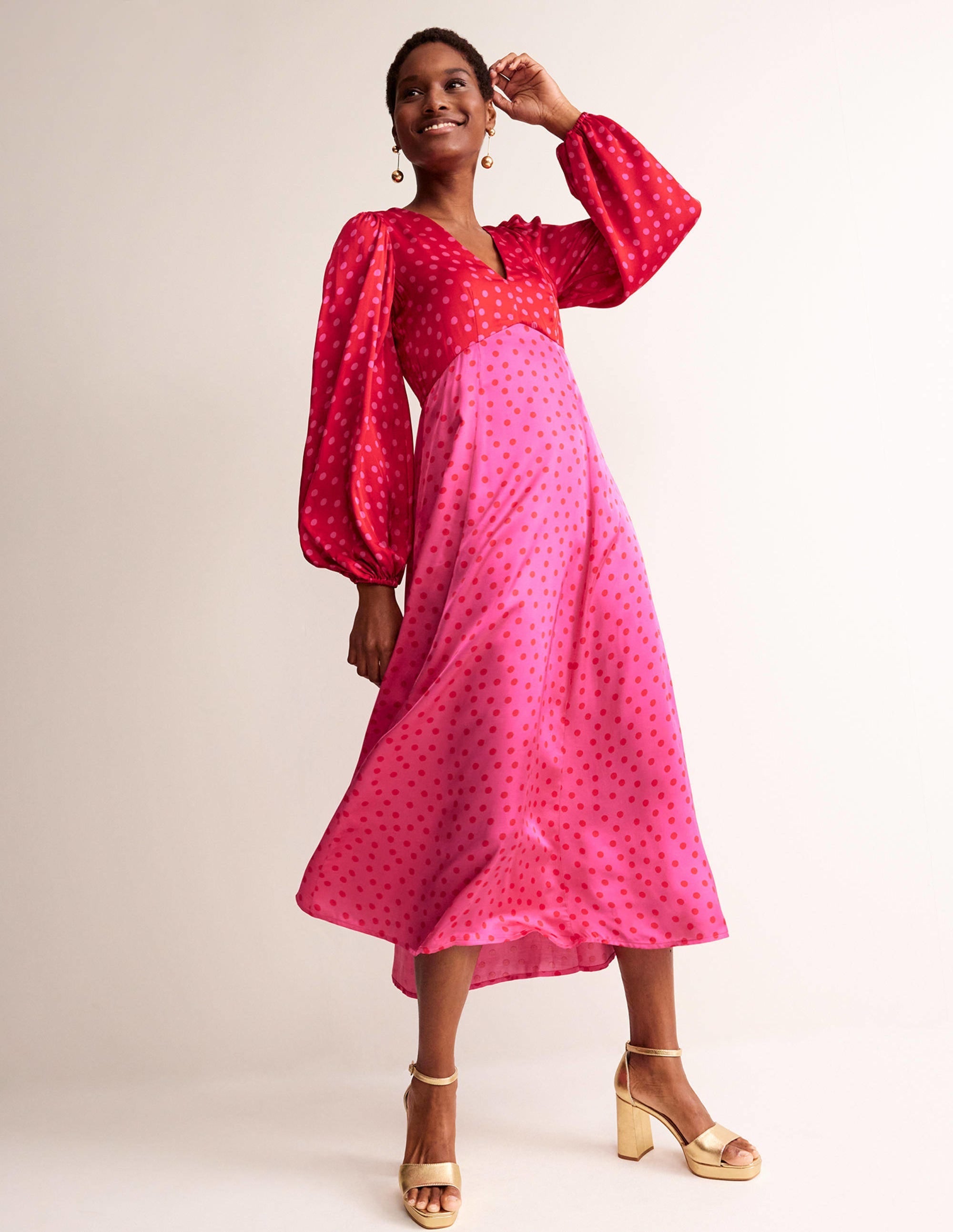 Blouson Sleeve Midi Tea Dress-Salsa, Dotty Spot - Image 1