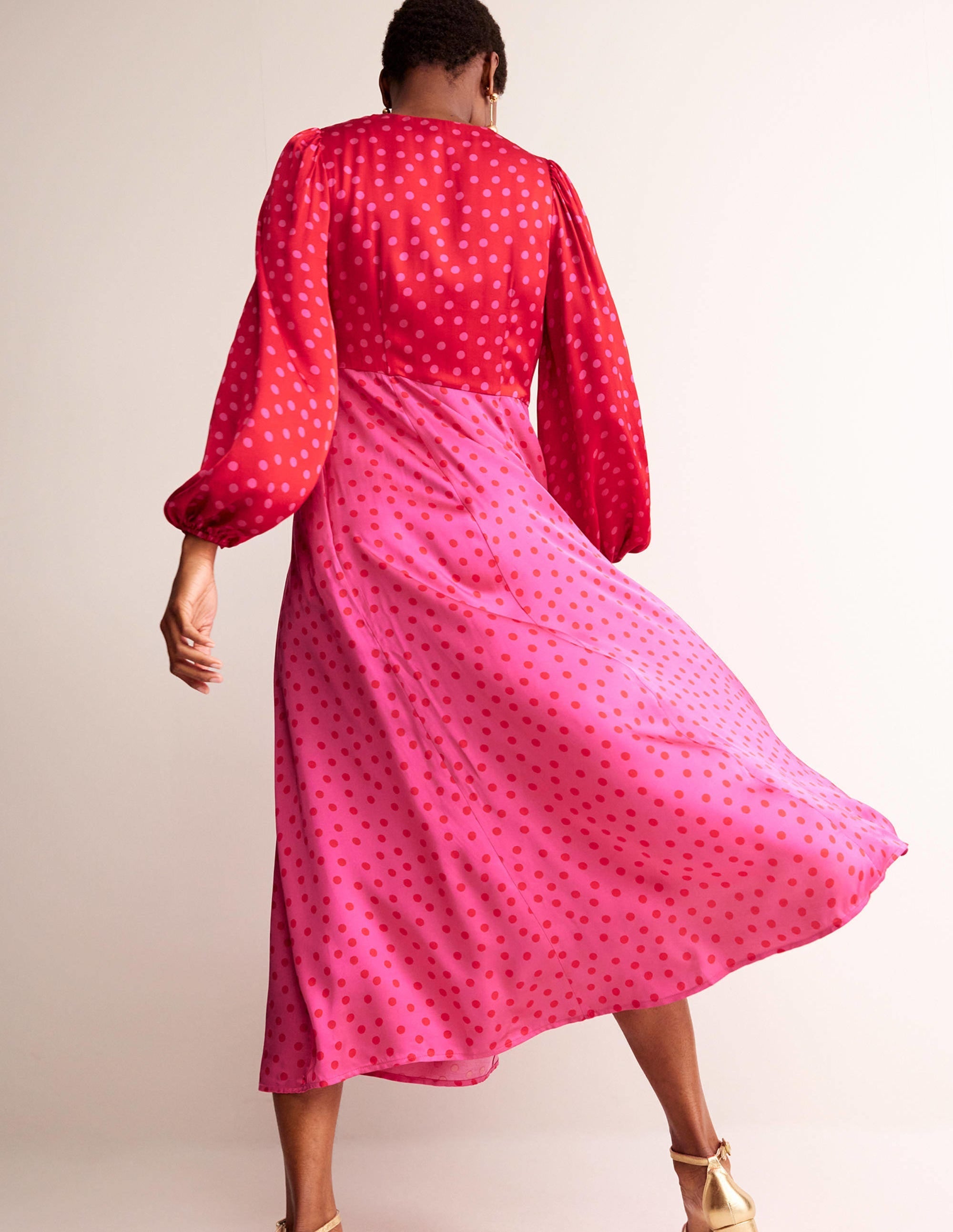 Blouson Sleeve Midi Tea Dress-Salsa, Dotty Spot - Image 3