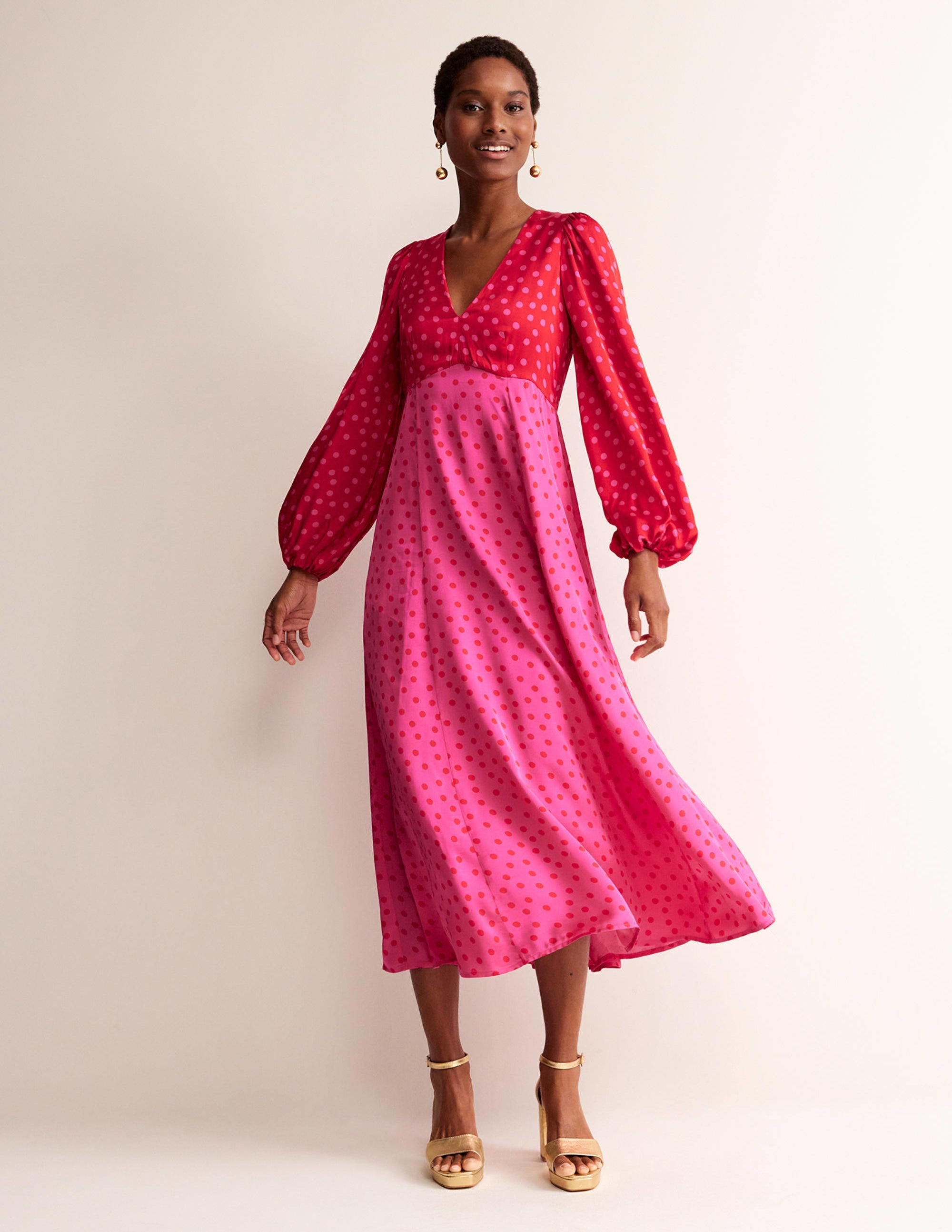 Blouson Sleeve Midi Tea Dress-Salsa, Dotty Spot - Image 4