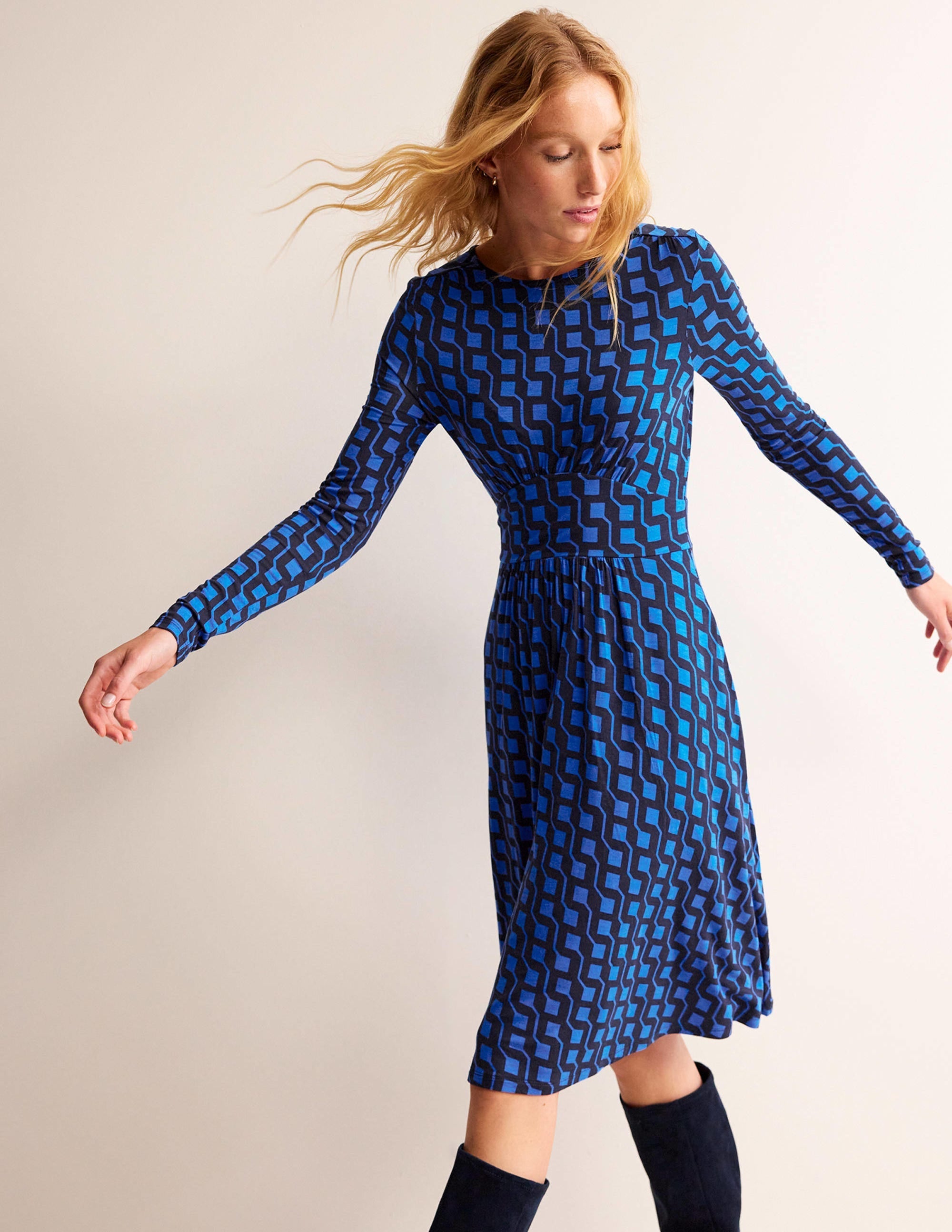 Thea Short Jersey Dress-Bright Cobalt, Cube Geo - Image 1