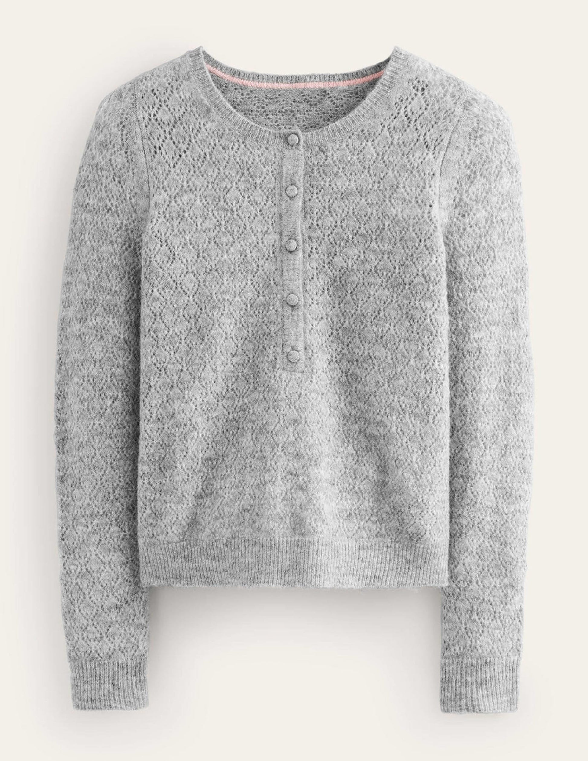 Fluffy Henley Pointelle Jumper-Grey Melange-5