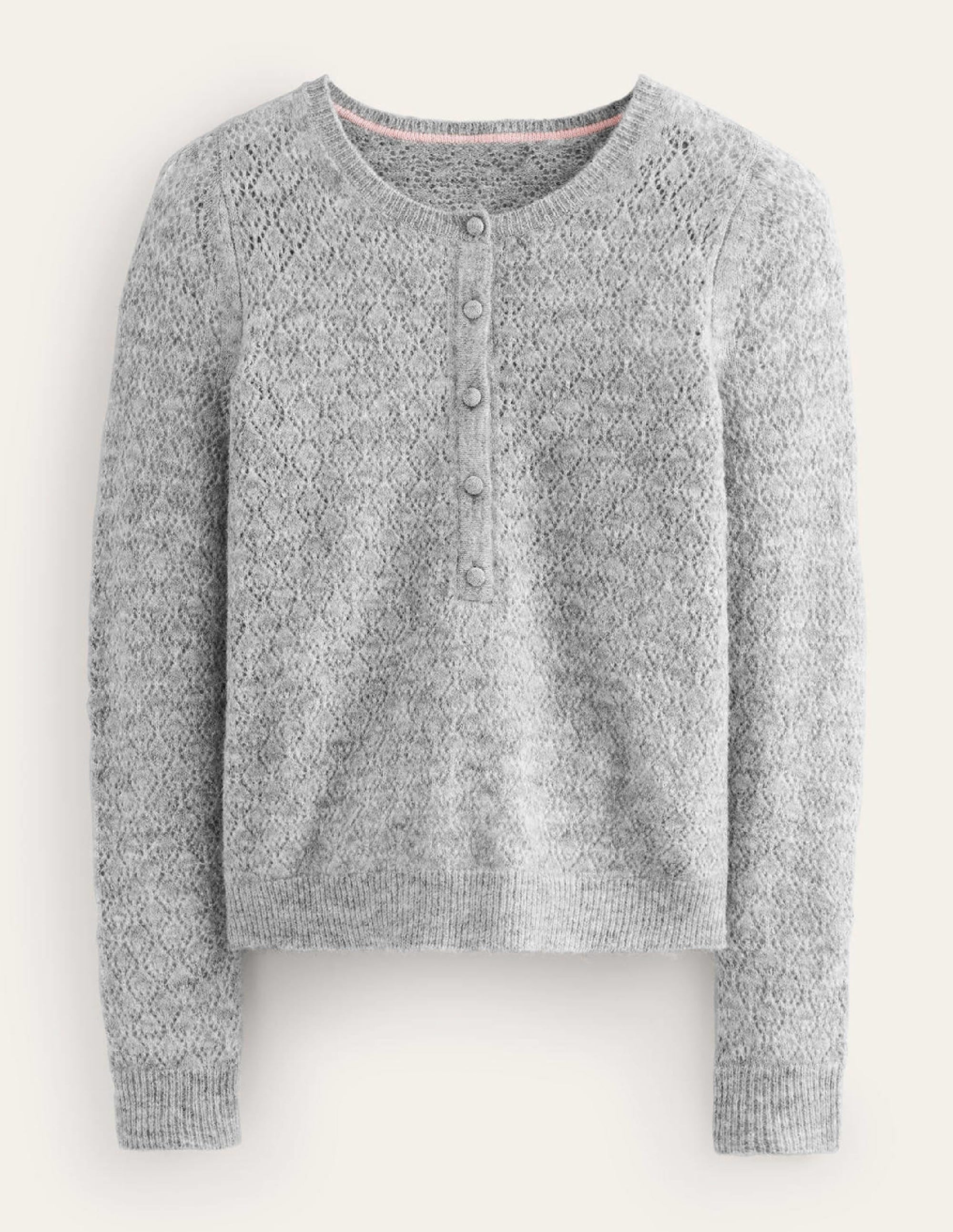 Fluffy Henley Pointelle Jumper-Grey Melange - Image 5