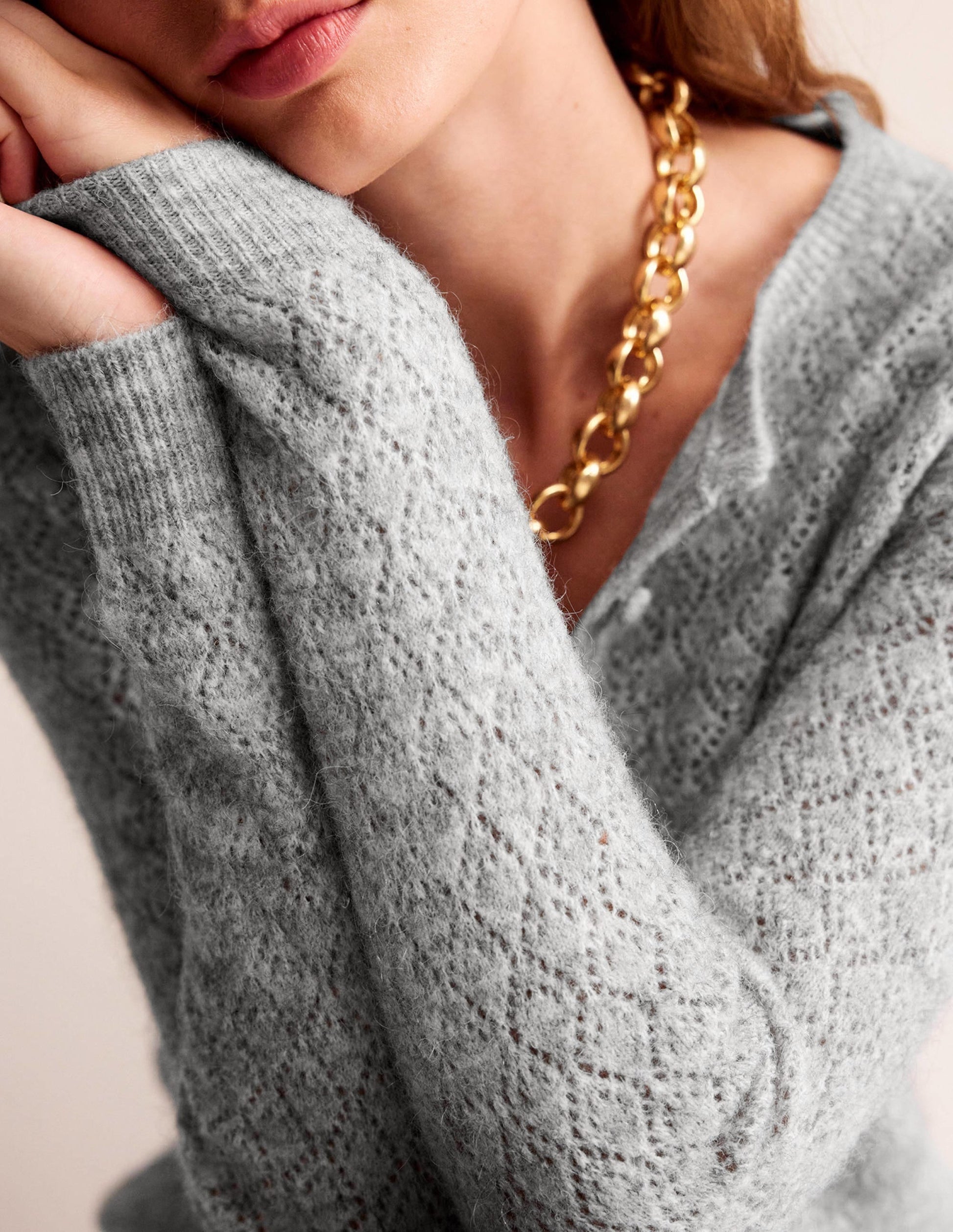 Fluffy Henley Pointelle Jumper-Grey Melange-2