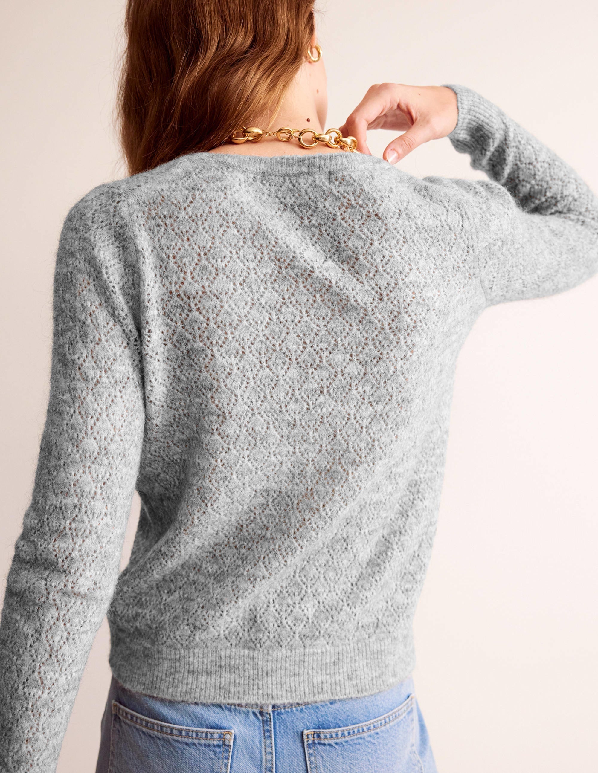 Fluffy Henley Pointelle Jumper-Grey Melange - Image 3
