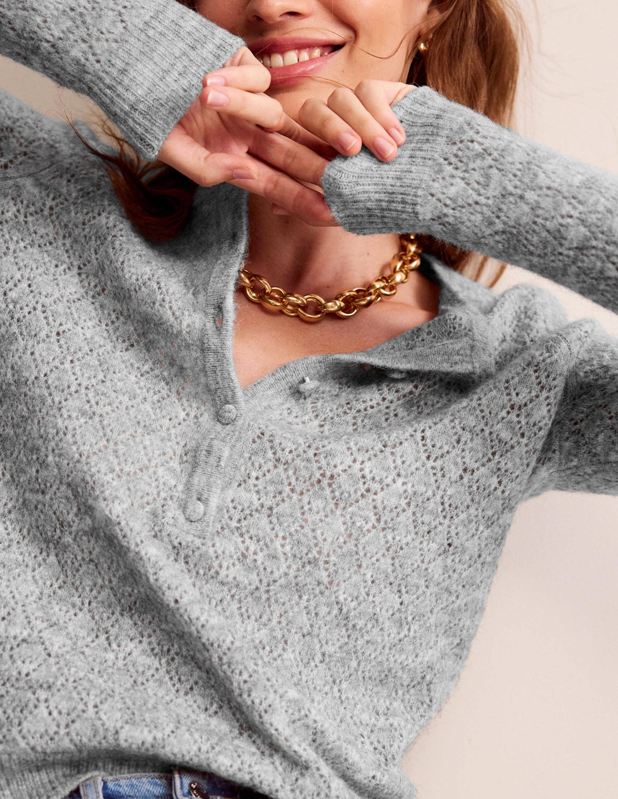 Fluffy Henley Pointelle Jumper-Grey Melange - Image 4