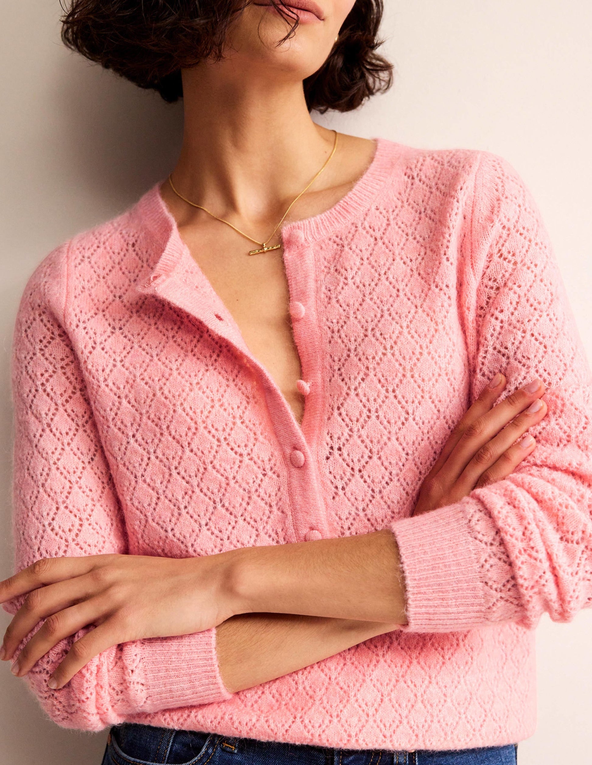 Fluffy Henley Pointelle Jumper-Dahlia Pink-2