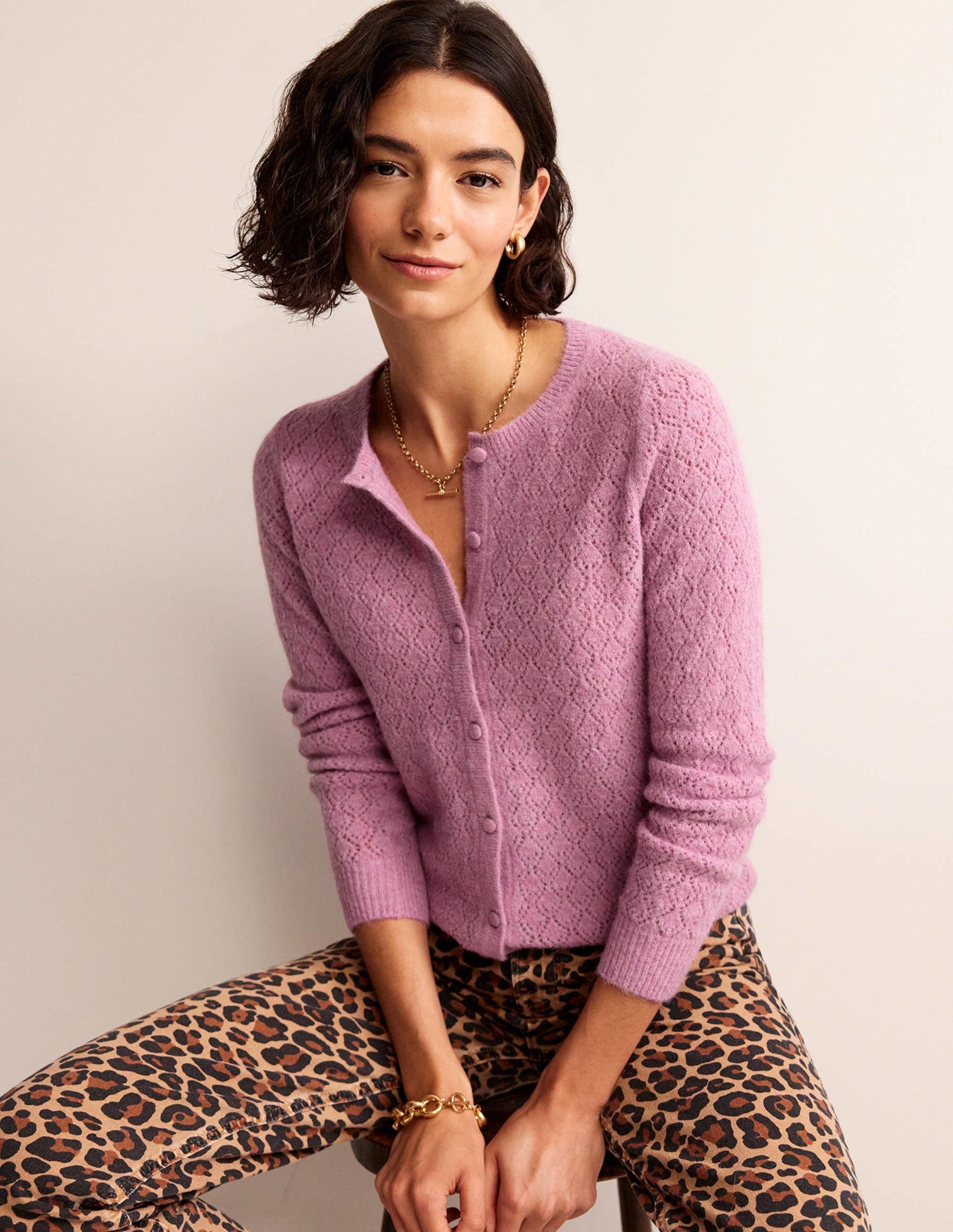 Fluffy Pointelle Cardigan-Strawberry Sherbet-5