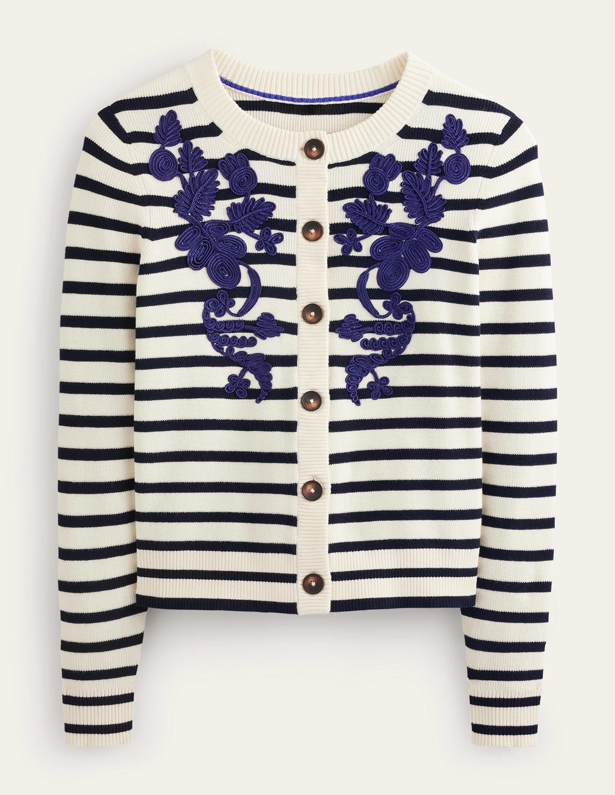 Embroidered Cardigan-Navy/Warm Ivory Stripe - Image 5