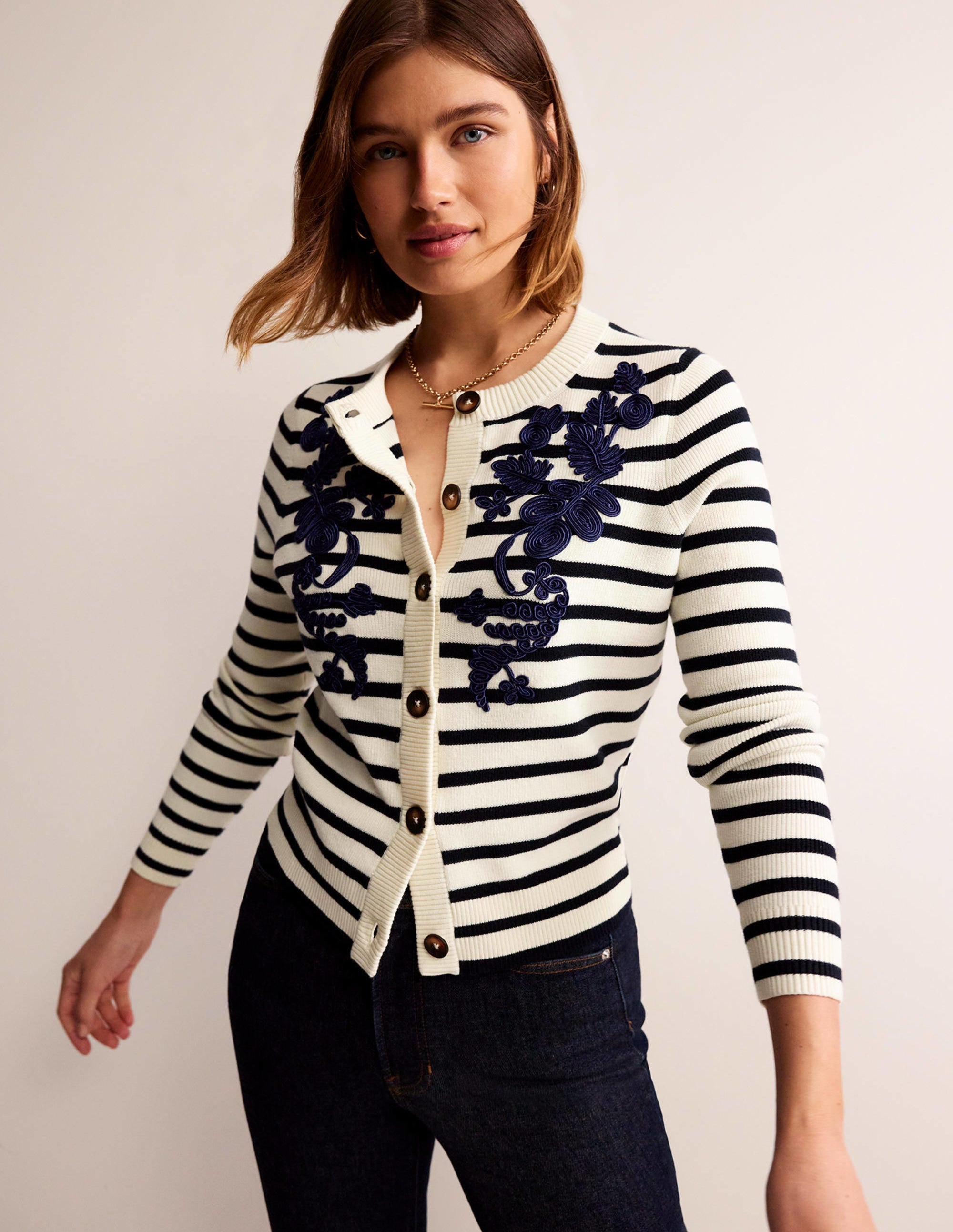 Embroidered Cardigan-Navy/Warm Ivory Stripe - Image 1