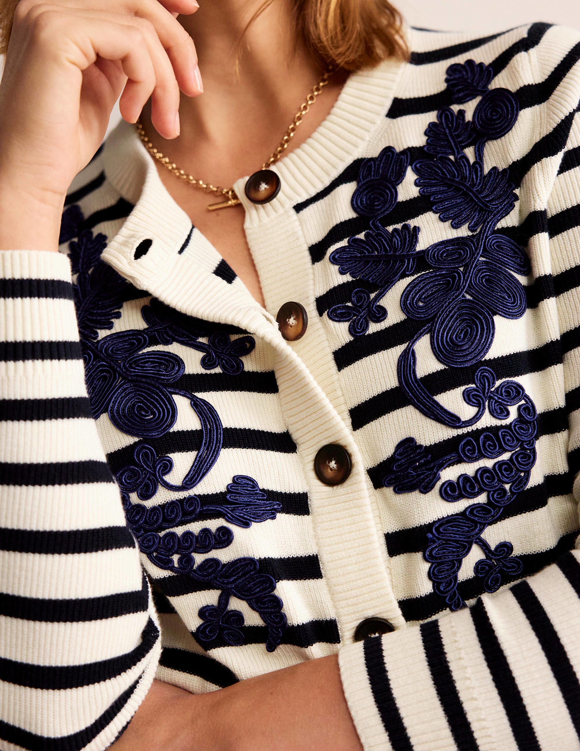 Embroidered Cardigan-Navy/Warm Ivory Stripe - Image 2