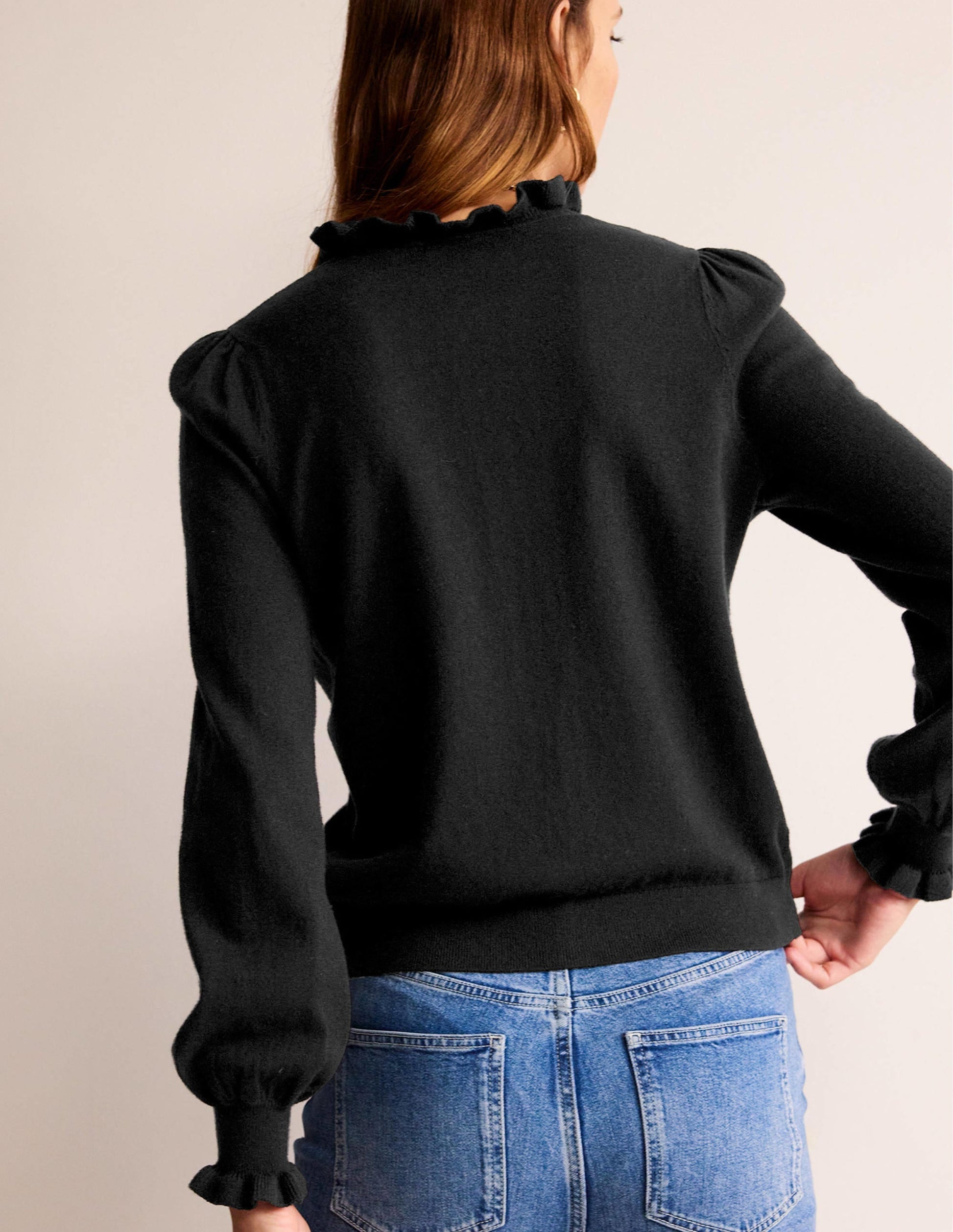 Ruffle-Neck Cardigan-Black-3