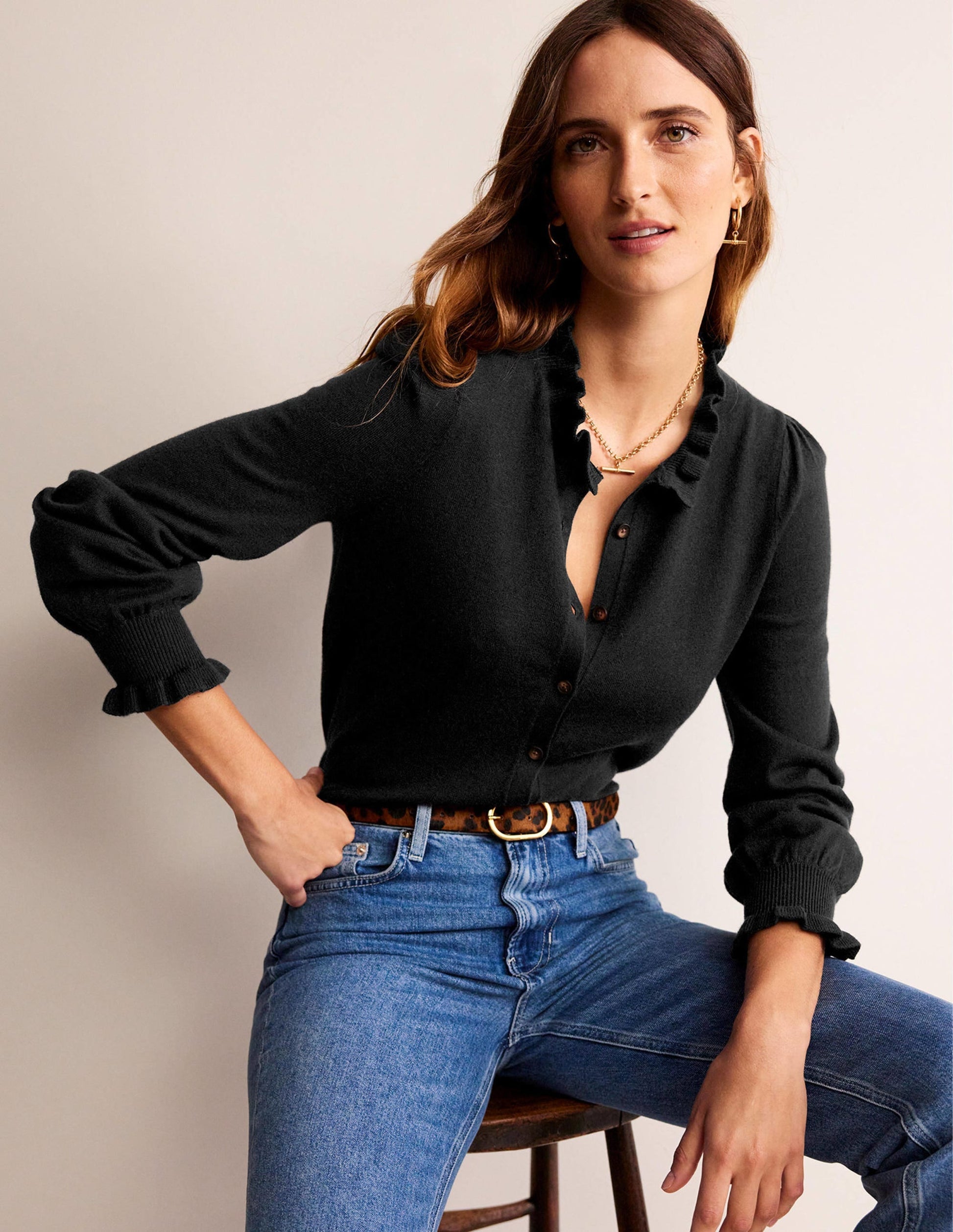 Ruffle-Neck Cardigan-Black-4