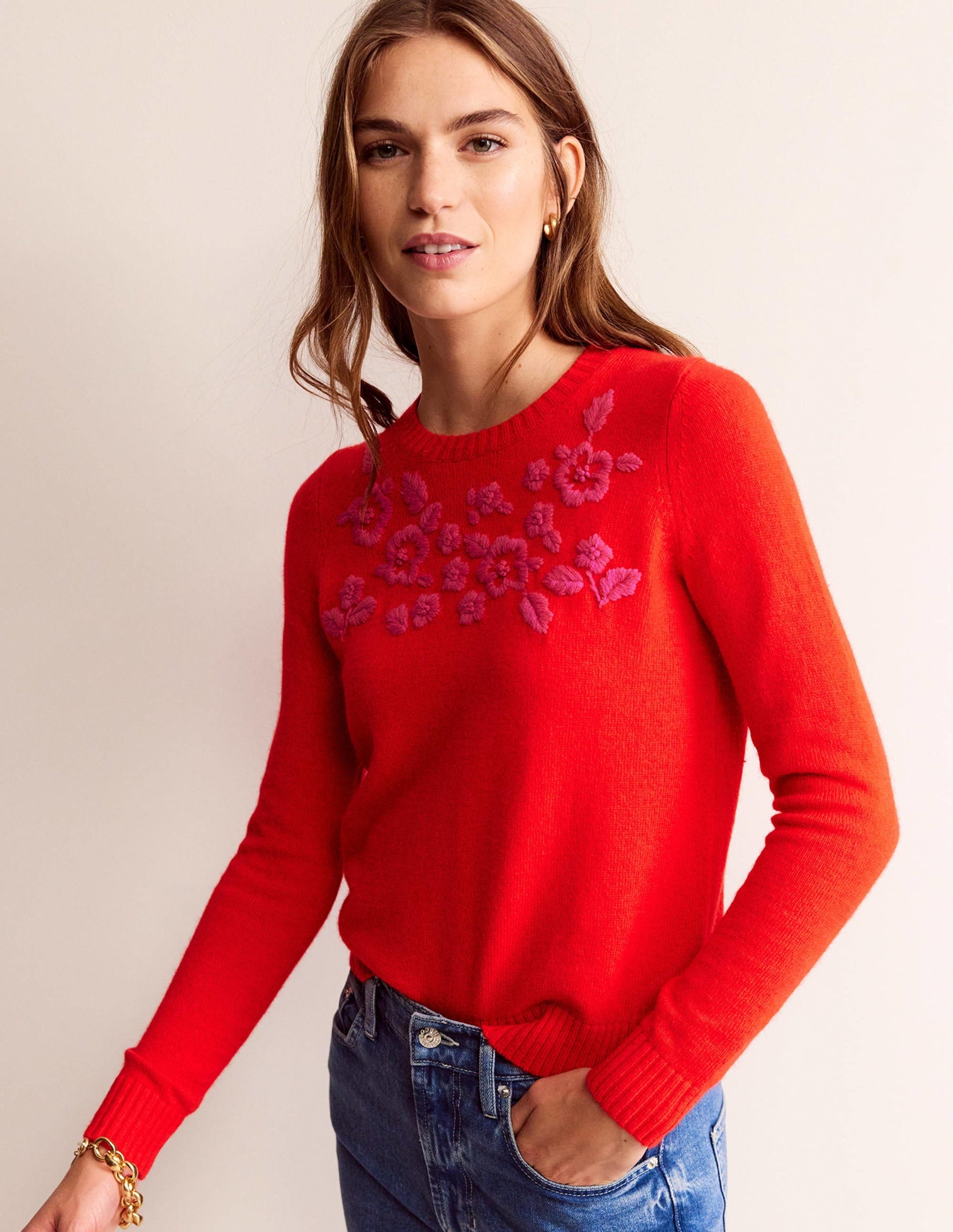 Embroidered Crew Neck Jumper-Brilliant Red-4