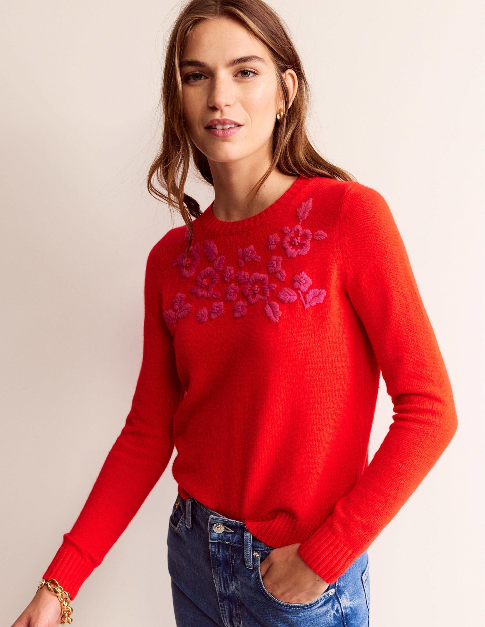Embroidered Crew Neck Jumper-Brilliant Red - Image 4