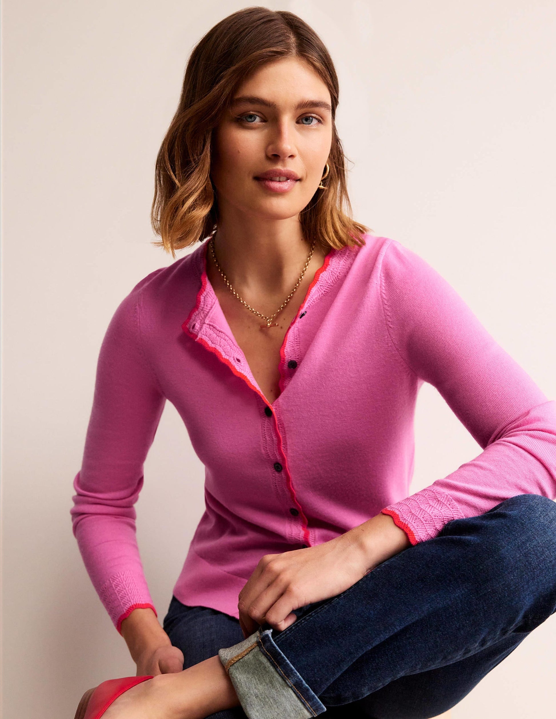Merino Scallop Cardigan-Mid Pink-1
