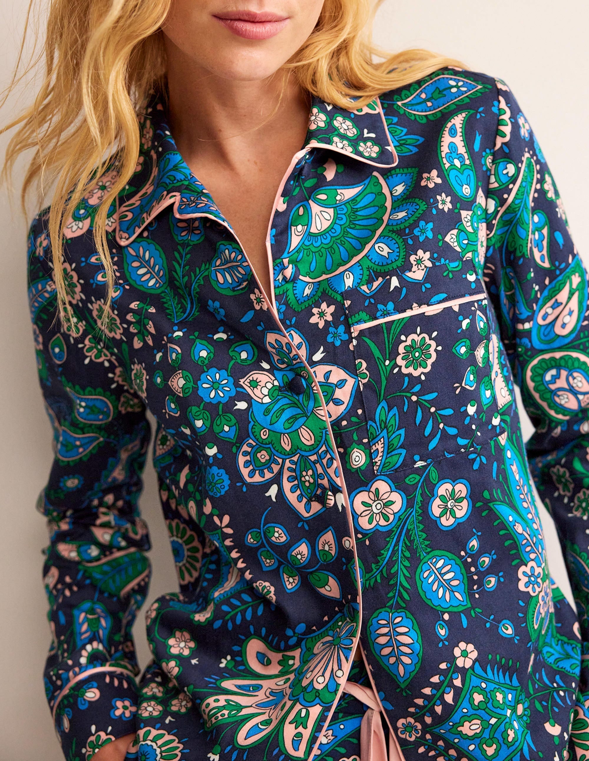Cotton Sateen Pyjama Shirt-Multi, Azalea Bloom - Image 2