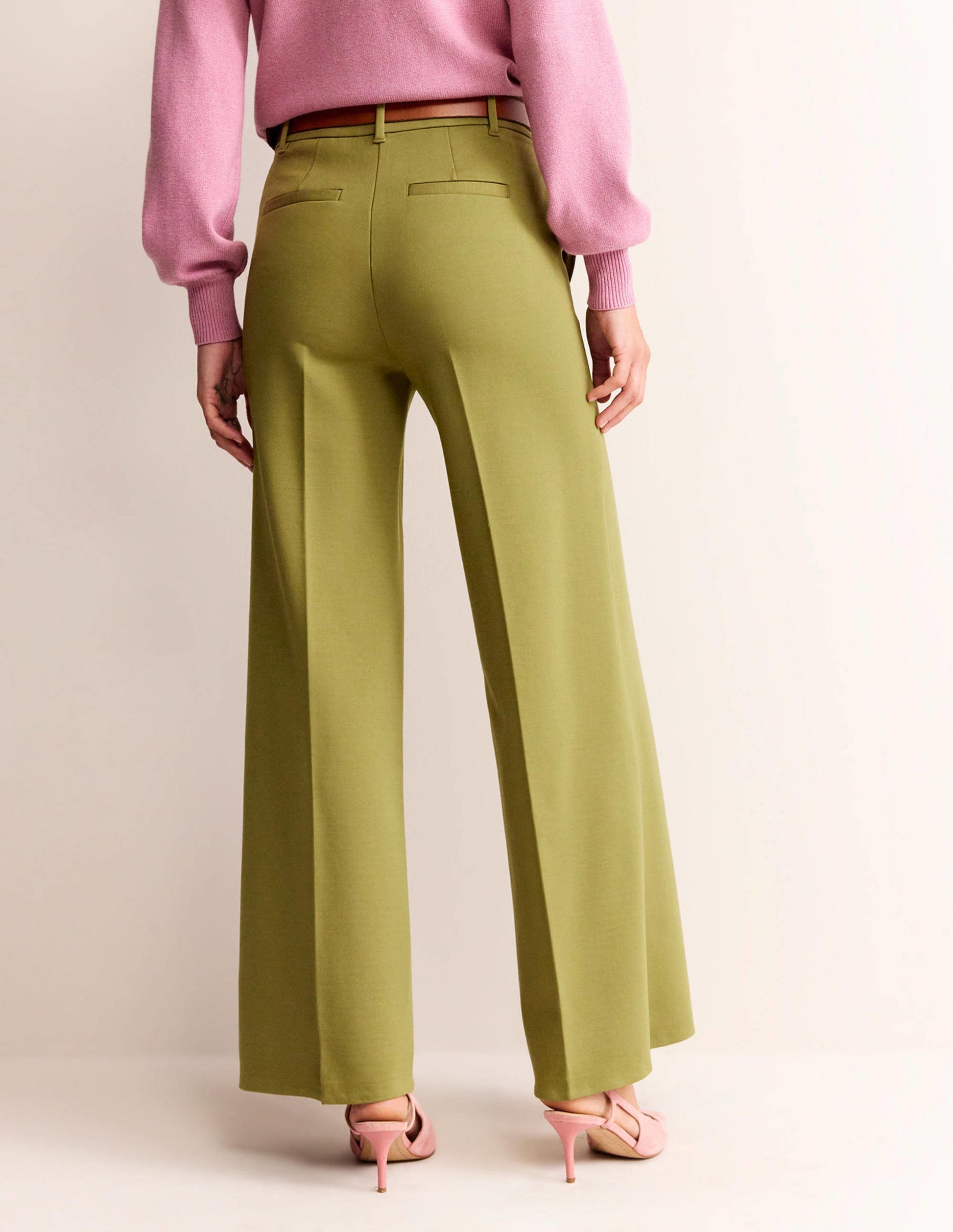Wide Leg Ponte Trousers-Green Olive-3