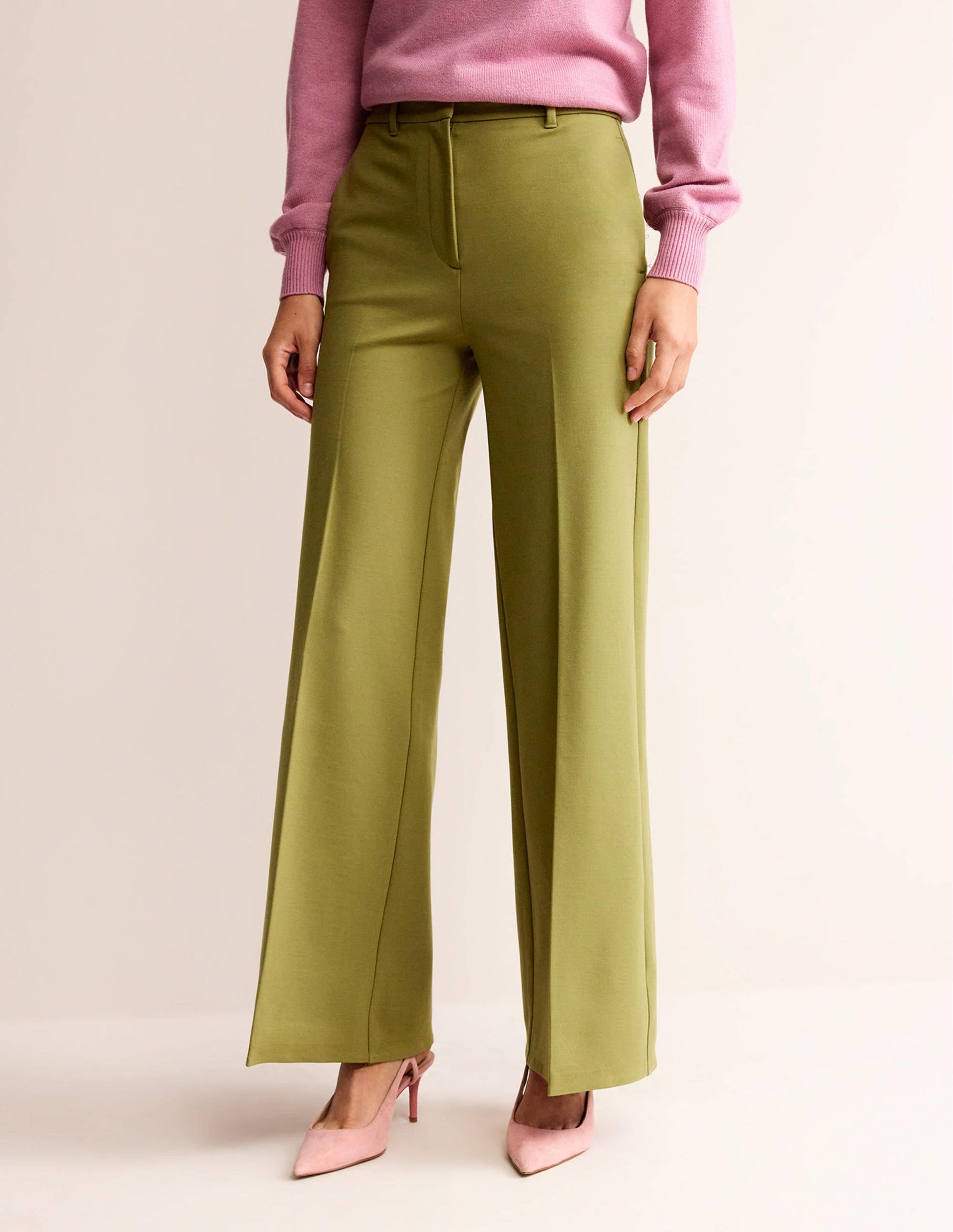 Wide Leg Ponte Trousers-Green Olive-4