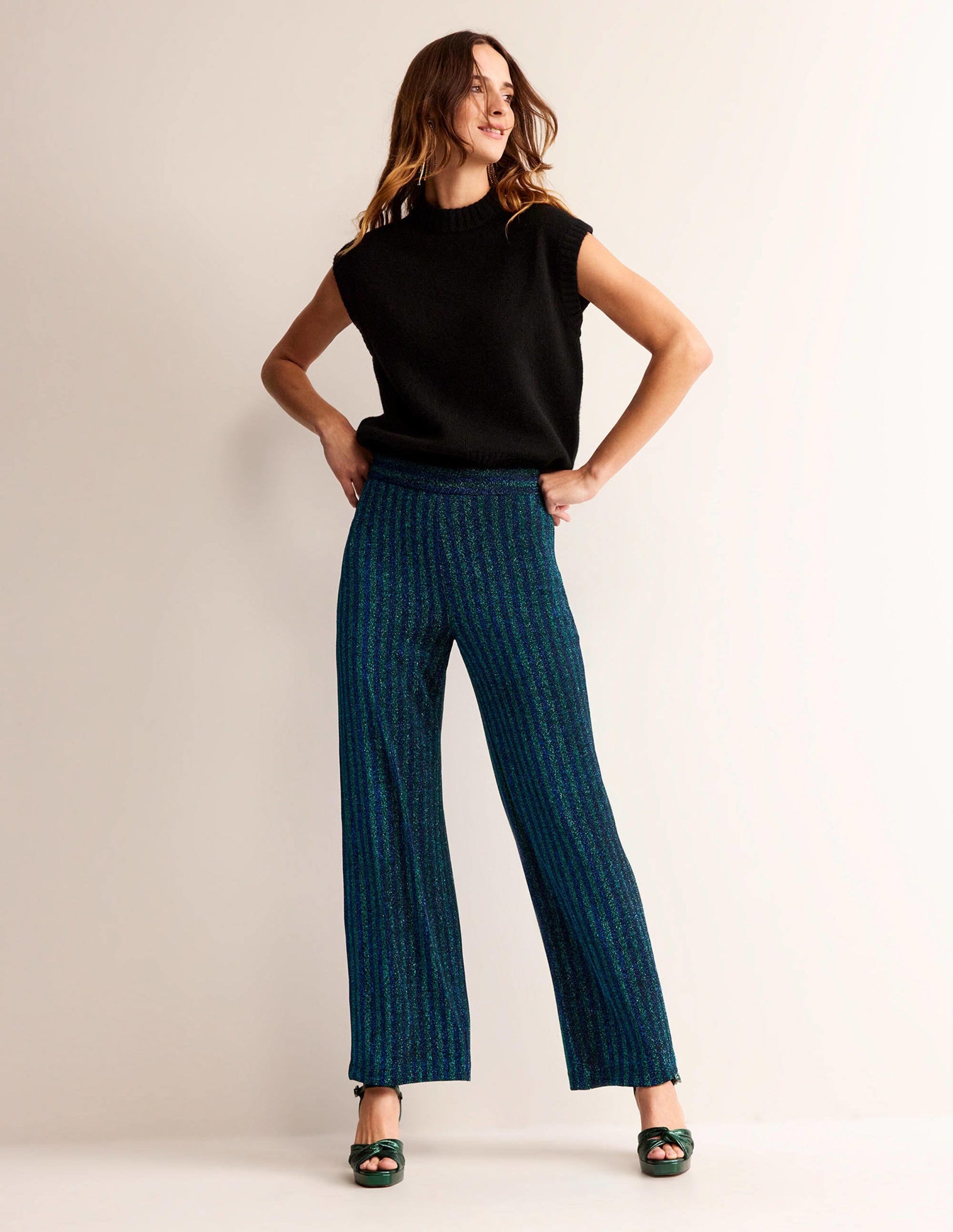 Jersey Metallic Trousers-Green / Navy Stripe-1
