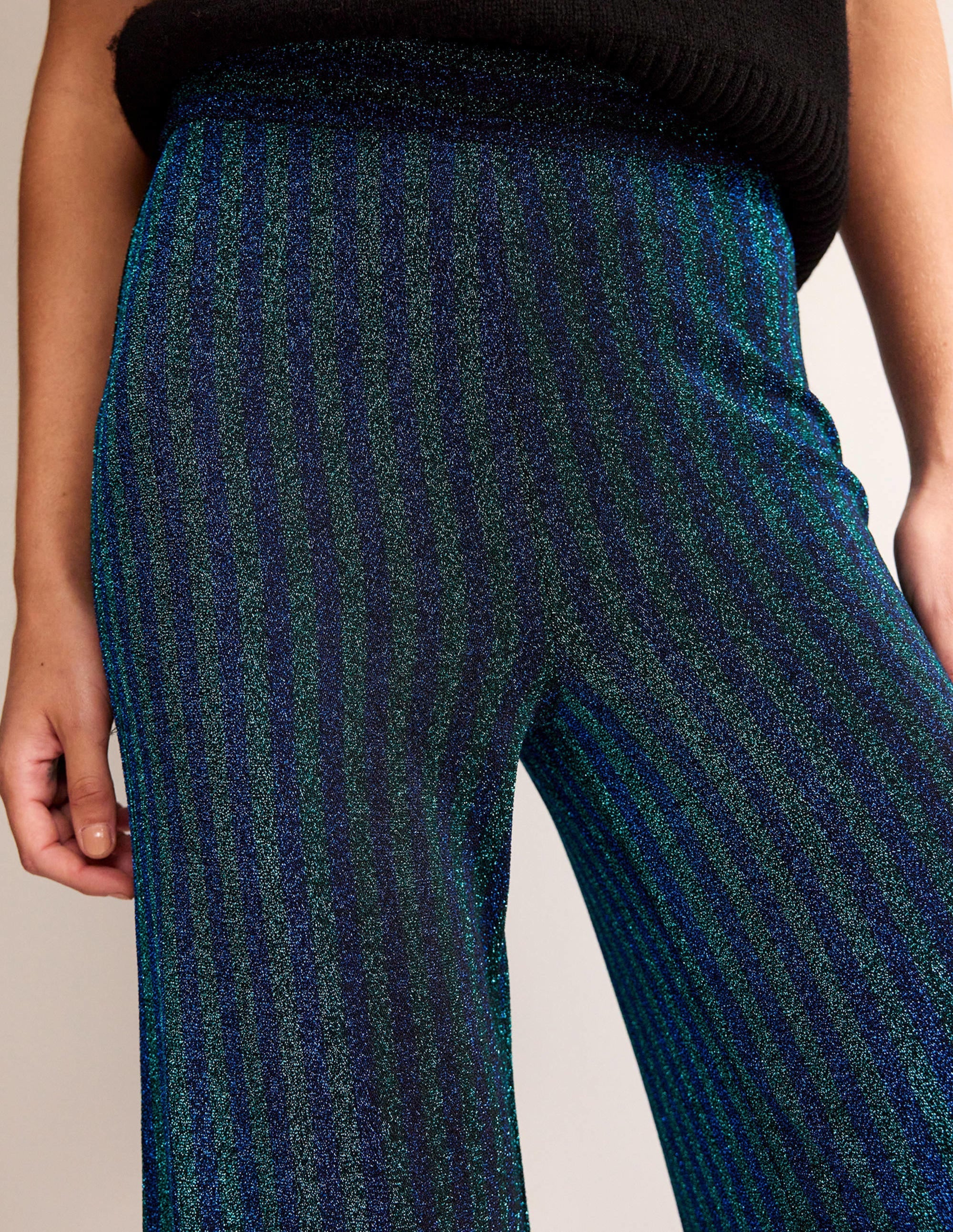 Jersey Metallic Trousers-Green / Navy Stripe - Image 2