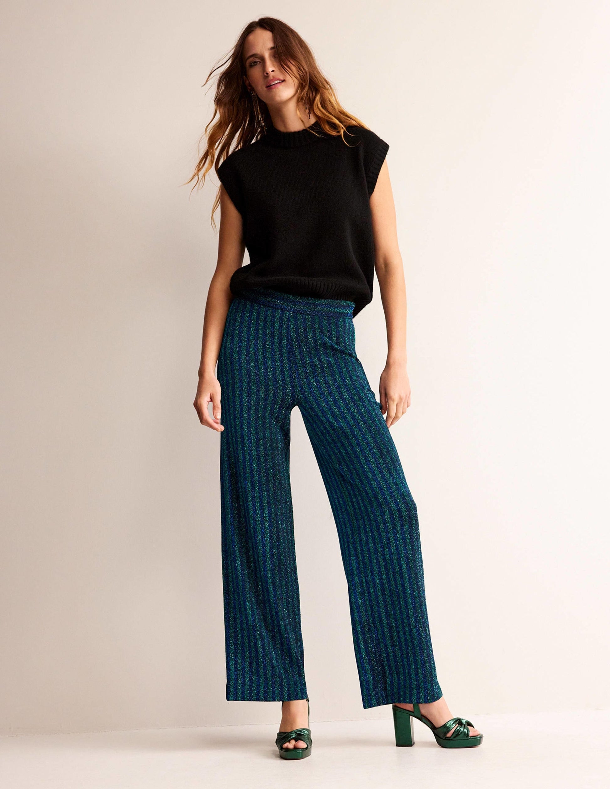 Jersey Metallic Trousers-Green / Navy Stripe-4