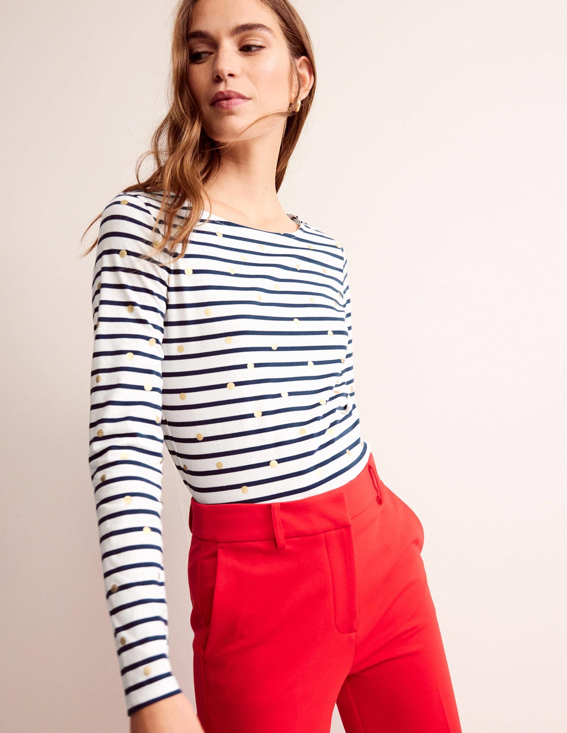 Ella Long Sleeve Breton-Ivory, Navy Foil Dot-1