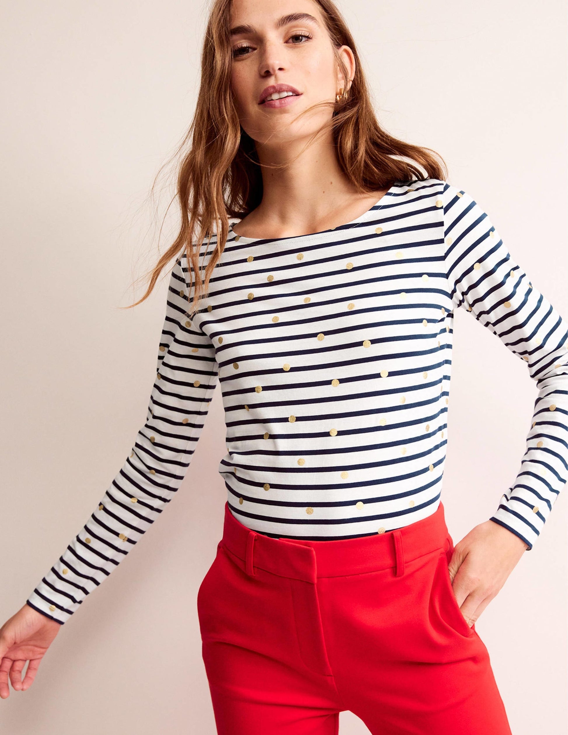 Ella Long Sleeve Breton-Ivory, Navy Foil Dot-4