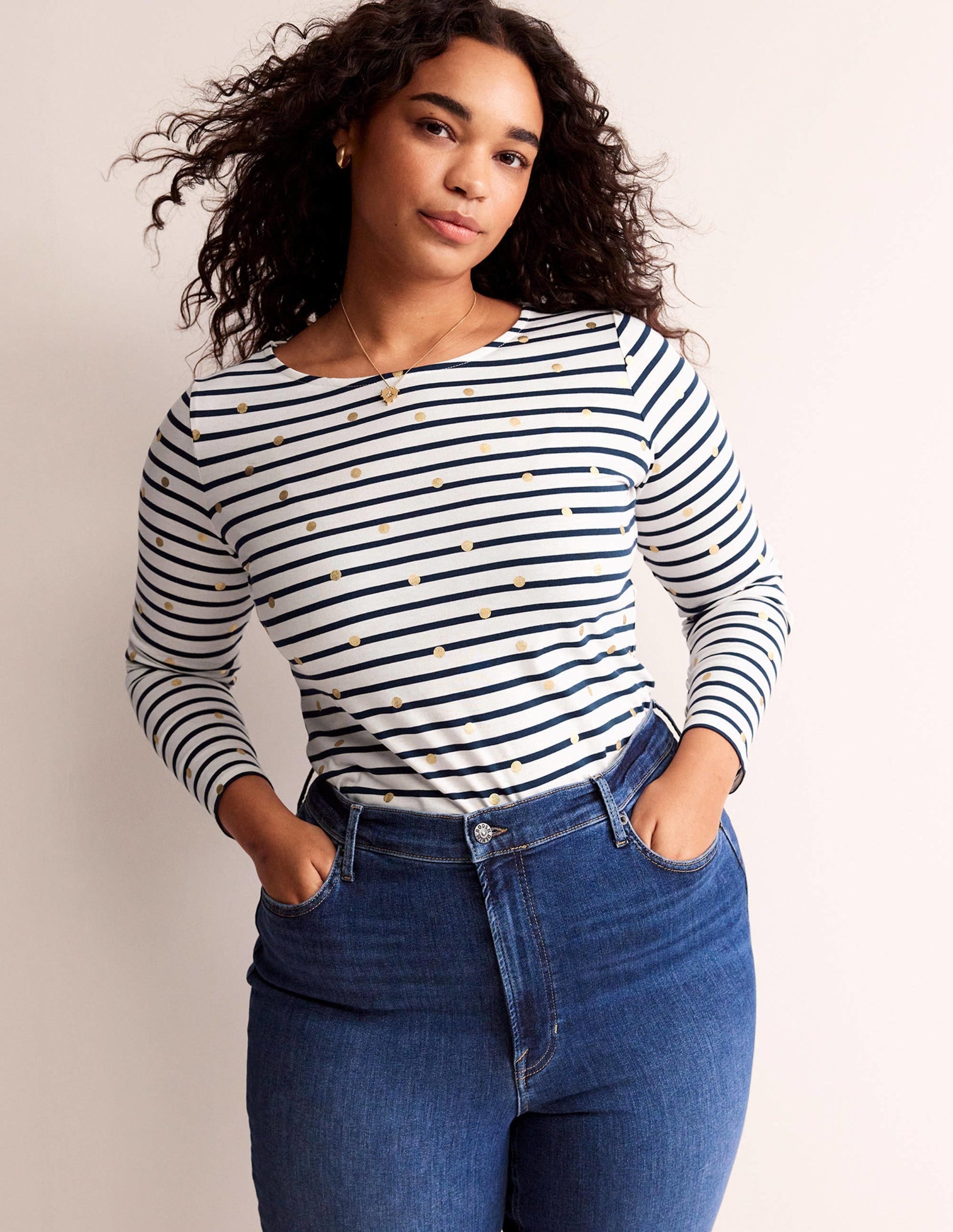 Ella Long Sleeve Breton-Ivory, Navy Foil Dot-5