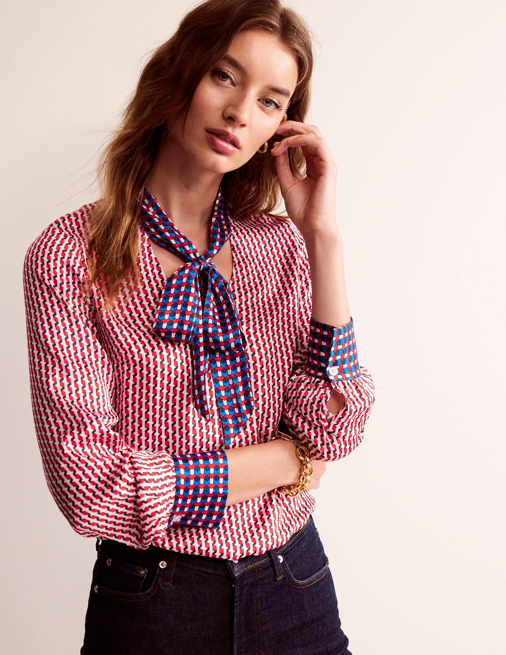 Pussy-Bow Satin Blouse-Hot Pepper, Geo Daze-1