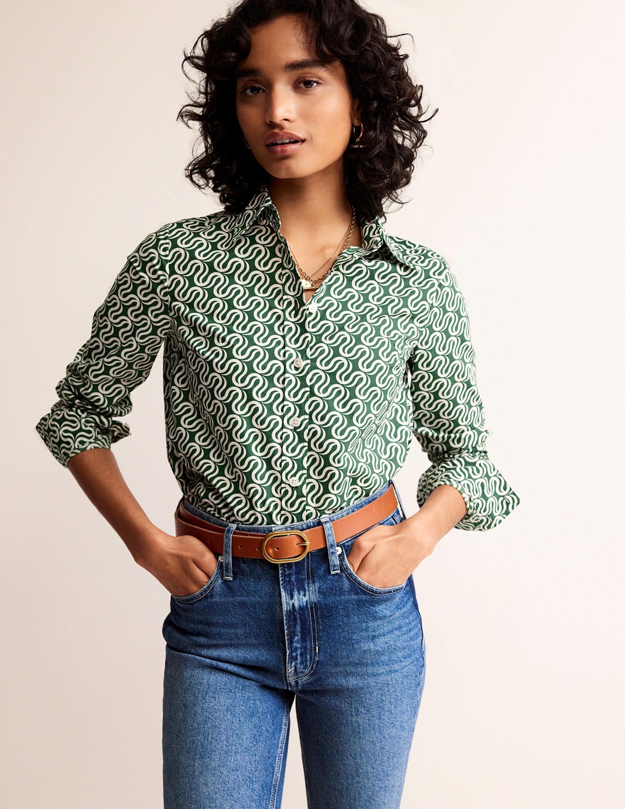 Sienna Cotton Shirt-Amazon Green, Ribbon Wave - Image 1