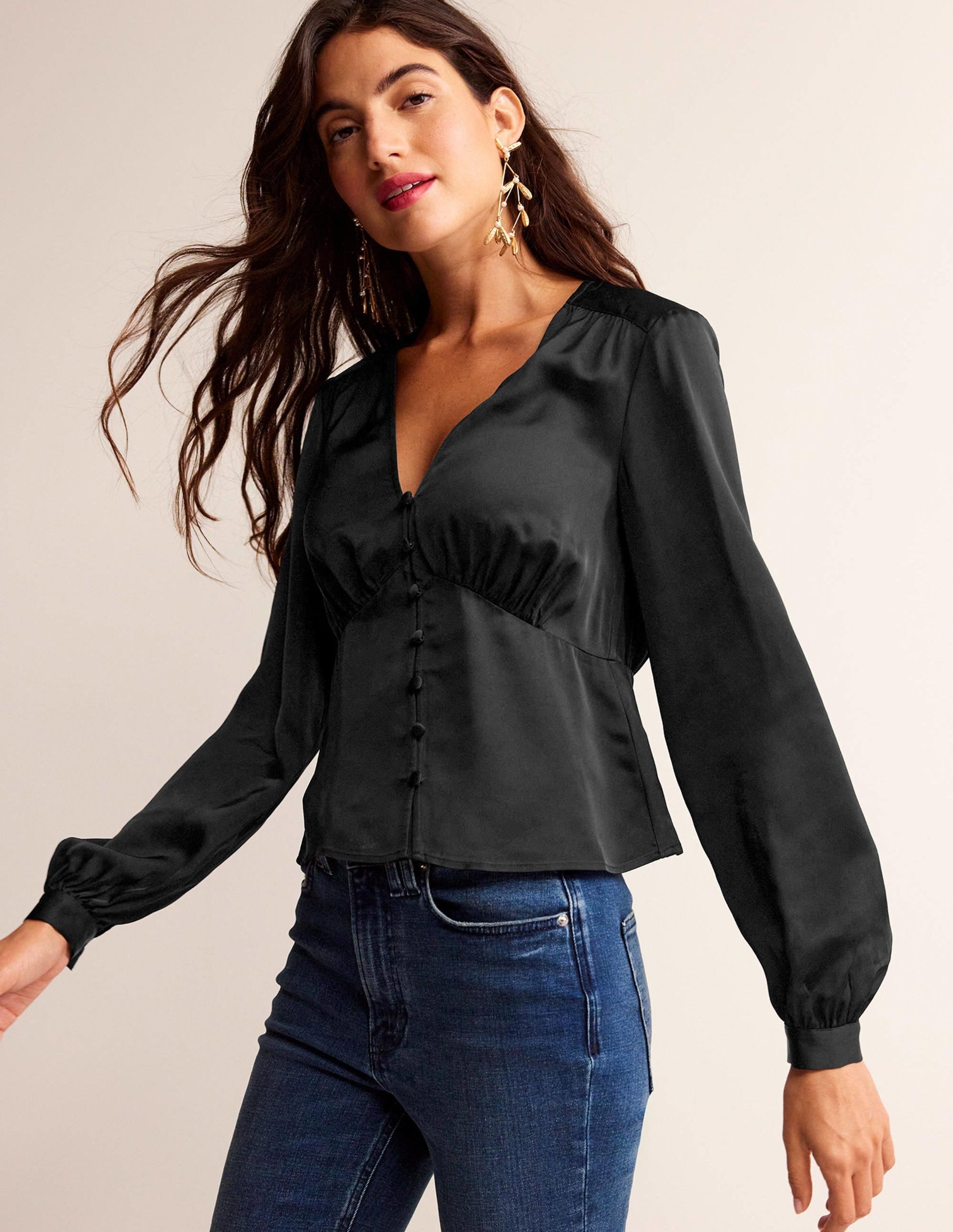 V-Neck Tea Blouse-Black-4