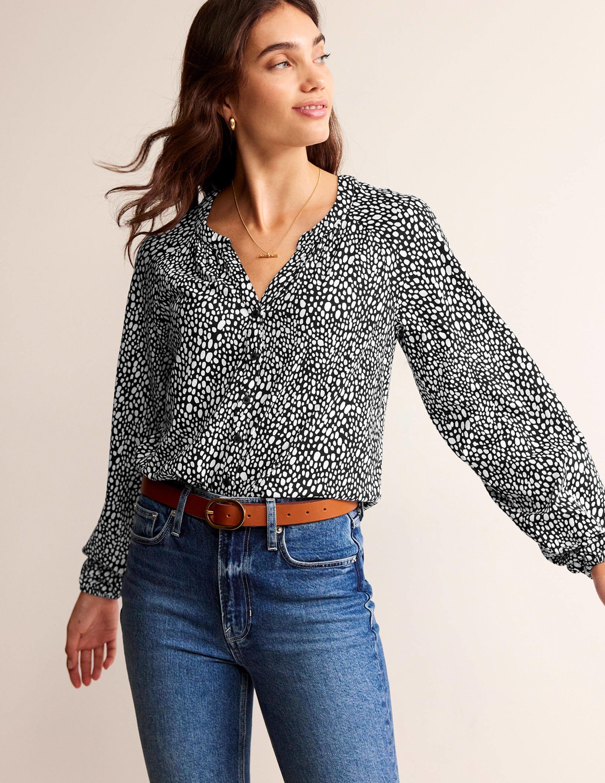 Printed Gather-Detail Shirt-Black, Animal Spot - Image 4