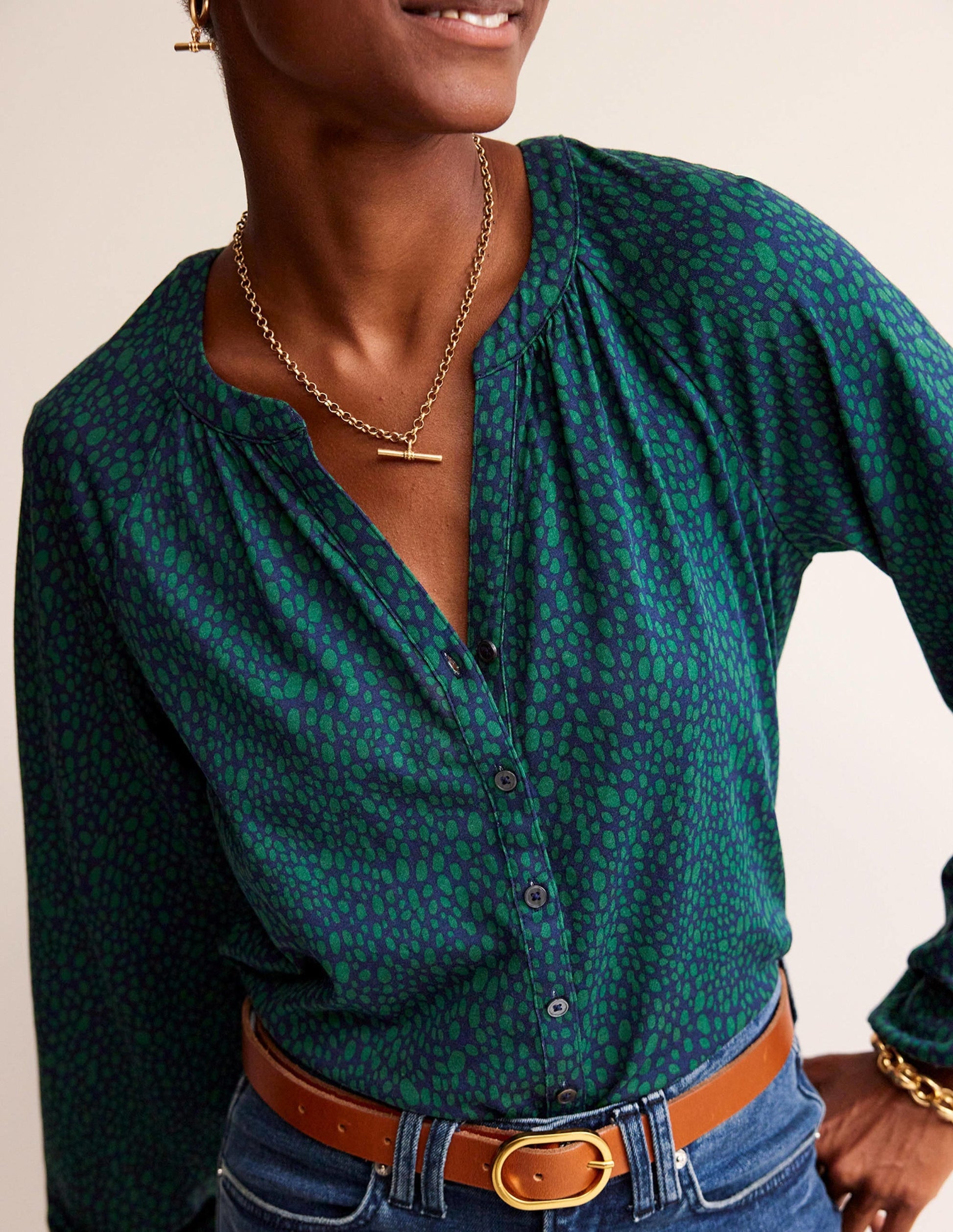 Printed Gather-Detail Shirt-Amazon Green , Animal Spot-2