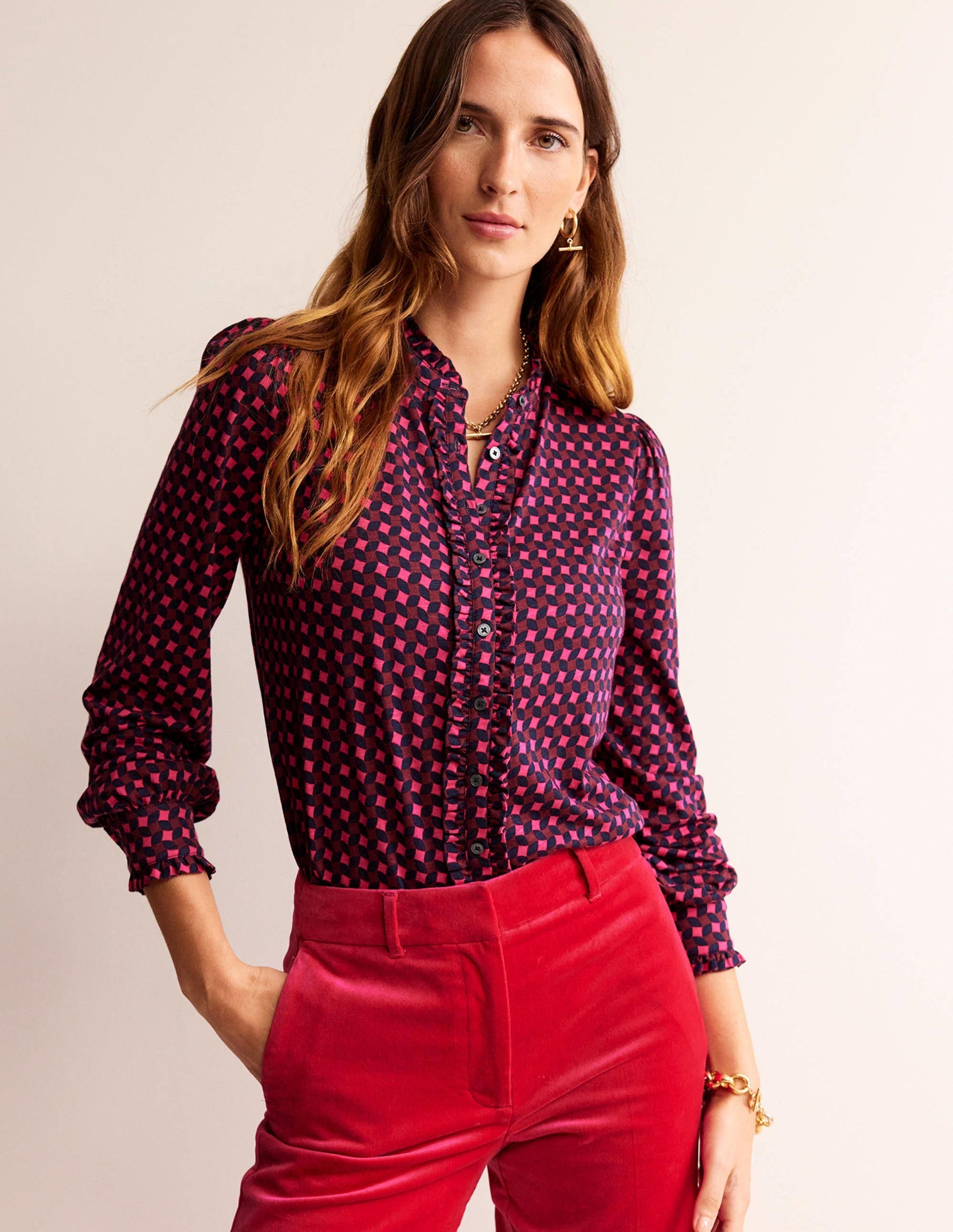Caroline Jersey Shirt-Vibrant Pink, Abstract Diamond-1