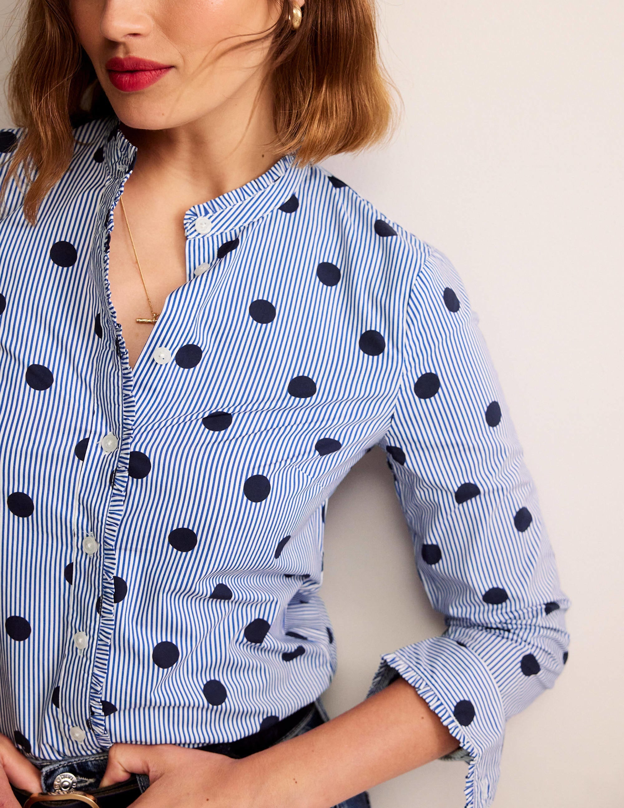 Phoebe Cotton Shirt-Navy, Spot Stripe - Image 2