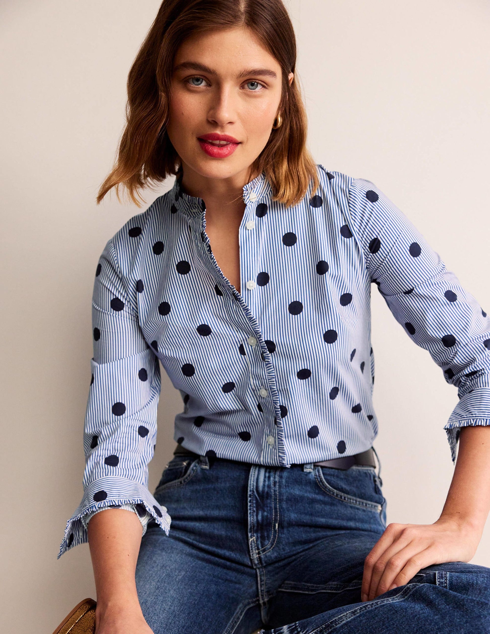 Phoebe Cotton Shirt-Navy, Spot Stripe-4